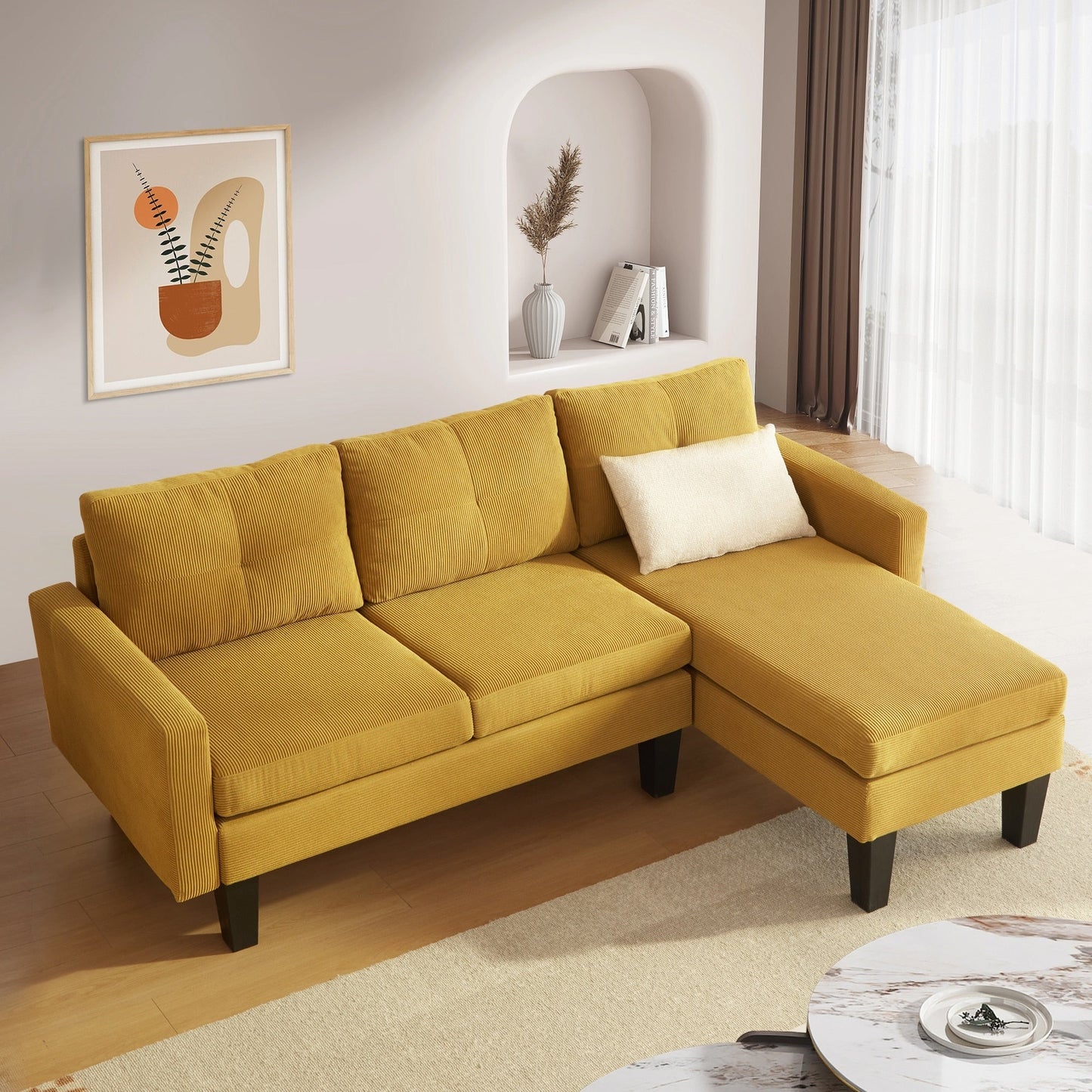 Canapé méridienne moderne en velours côtelé en forme de L HOOOWOOO
