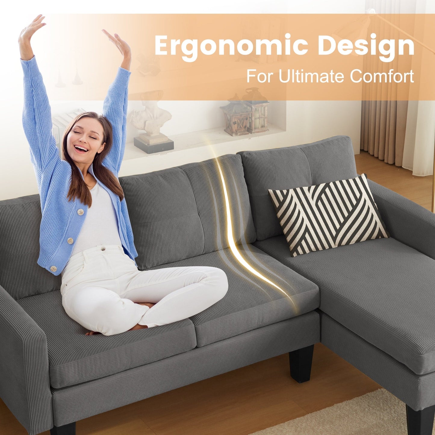 Canapé méridienne moderne en velours côtelé en forme de L HOOOWOOO