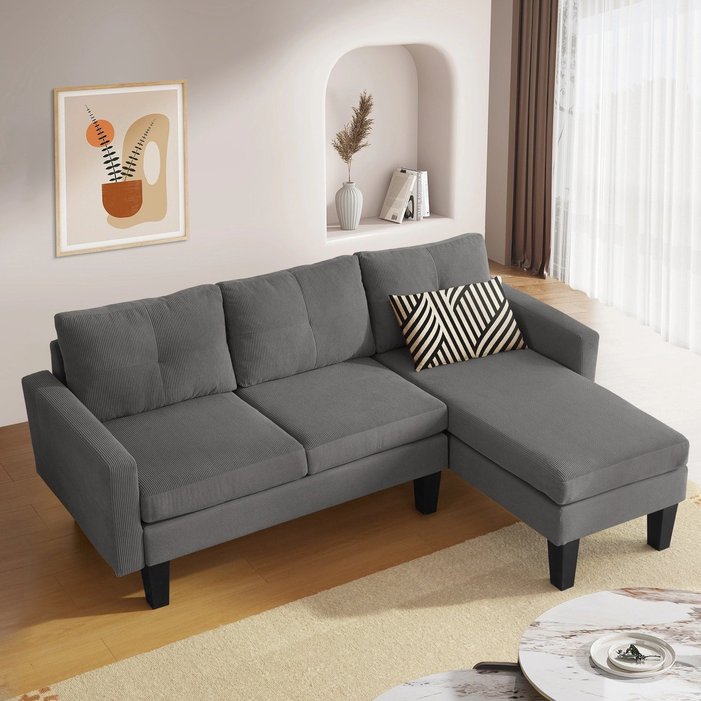 Canapé méridienne moderne en velours côtelé en forme de L HOOOWOOO