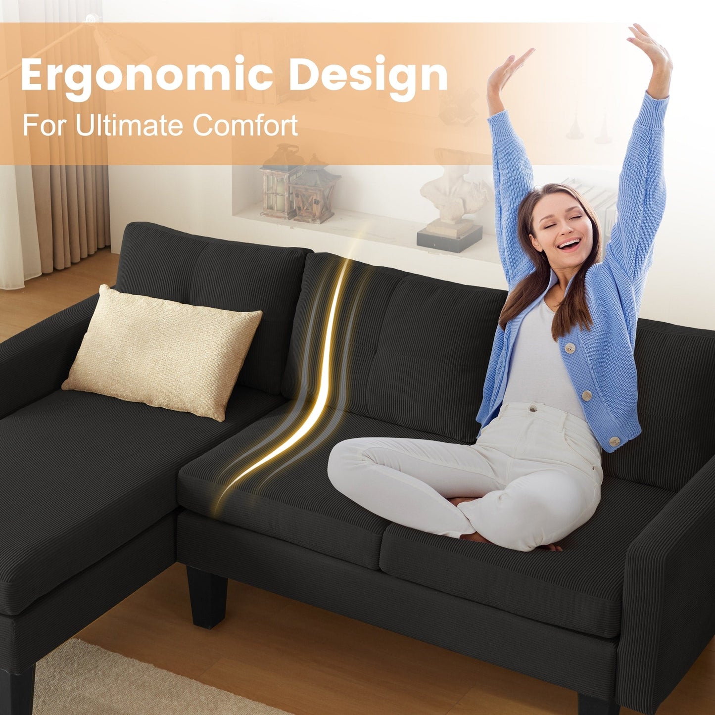 Canapé méridienne moderne en velours côtelé en forme de L HOOOWOOO