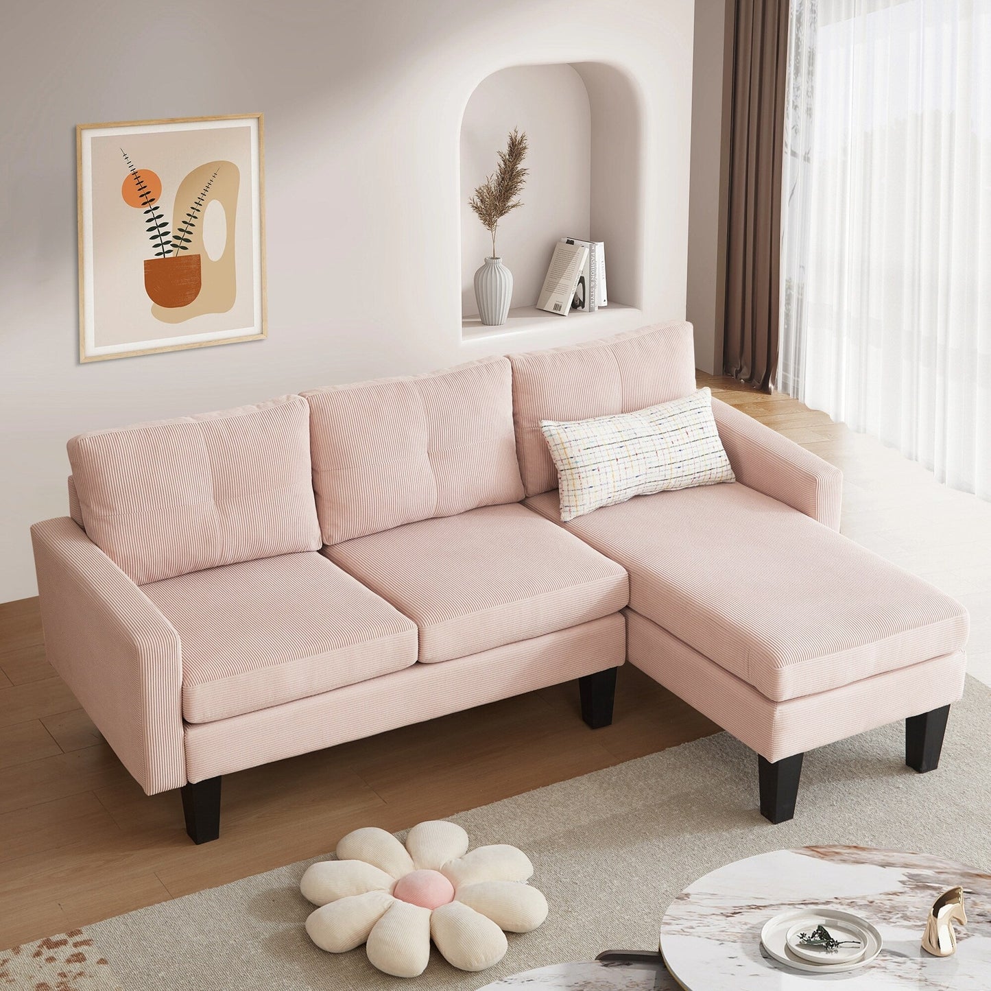 Canapé méridienne moderne en velours côtelé en forme de L HOOOWOOO