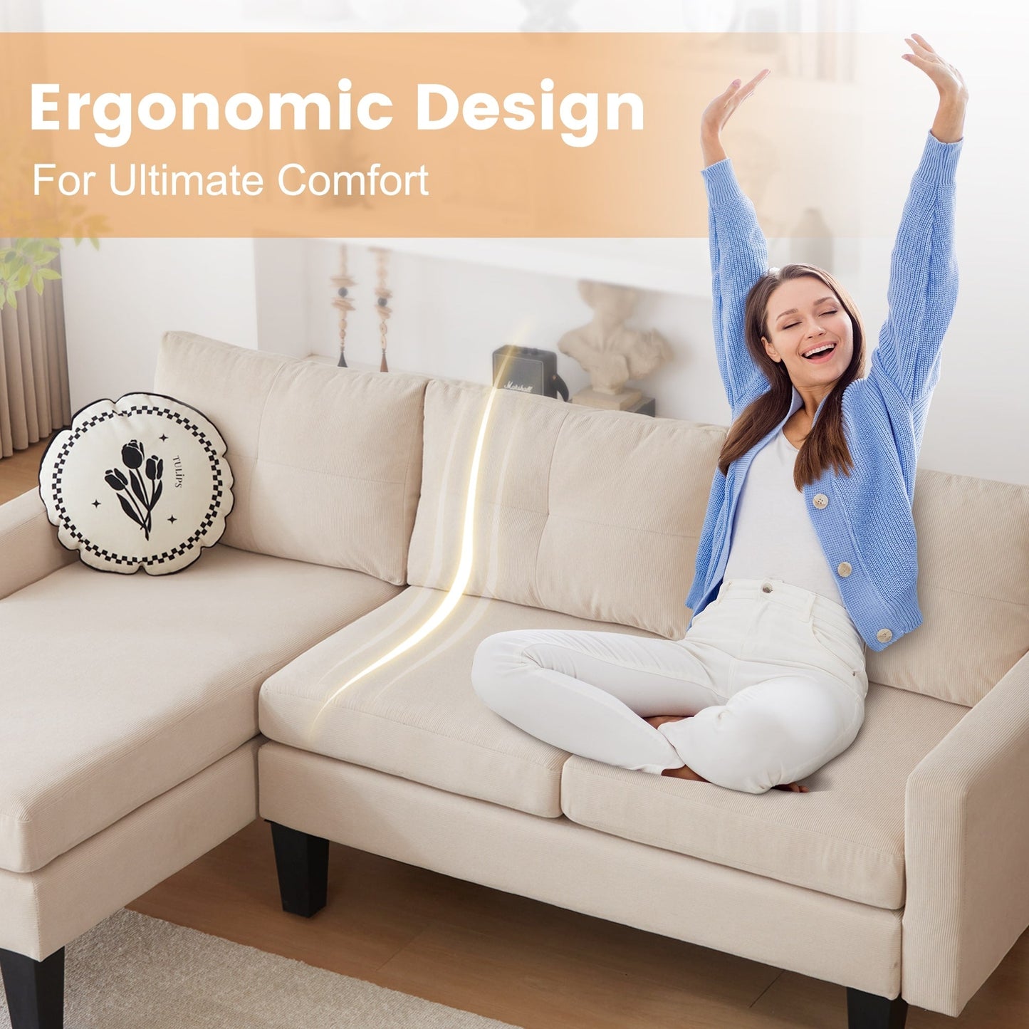 Canapé méridienne moderne en velours côtelé en forme de L HOOOWOOO