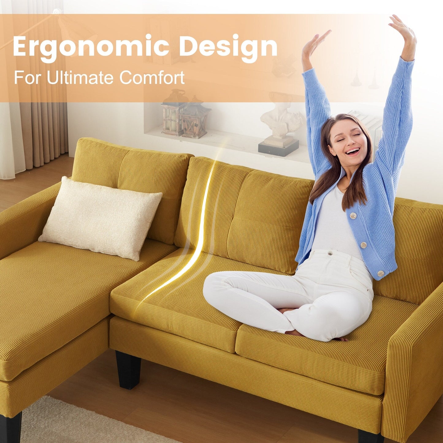 Canapé méridienne moderne en velours côtelé en forme de L HOOOWOOO