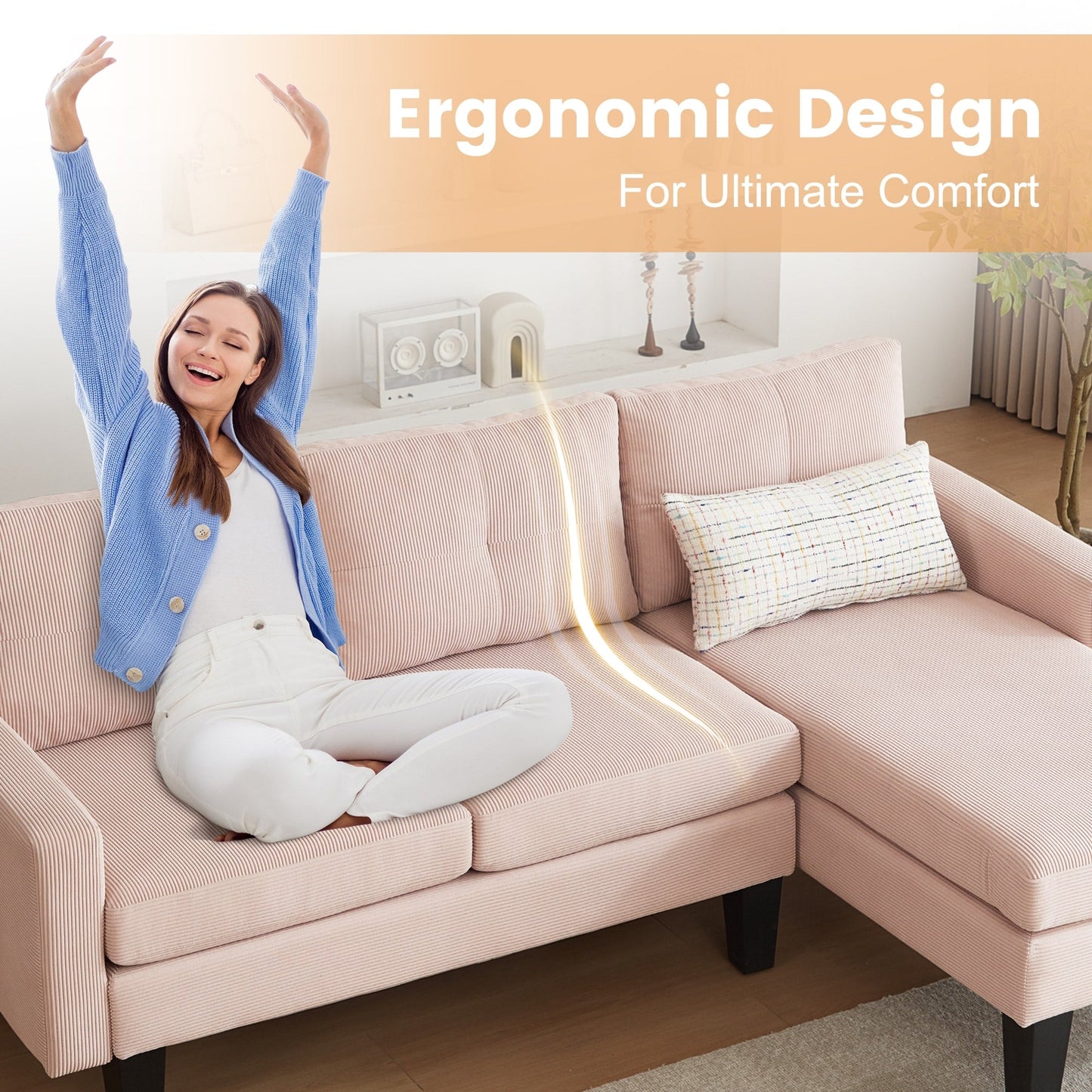 Canapé méridienne moderne en velours côtelé en forme de L HOOOWOOO