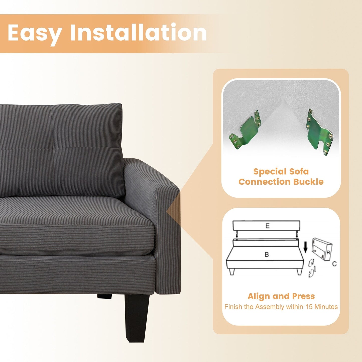 Canapé méridienne moderne en velours côtelé en forme de L HOOOWOOO