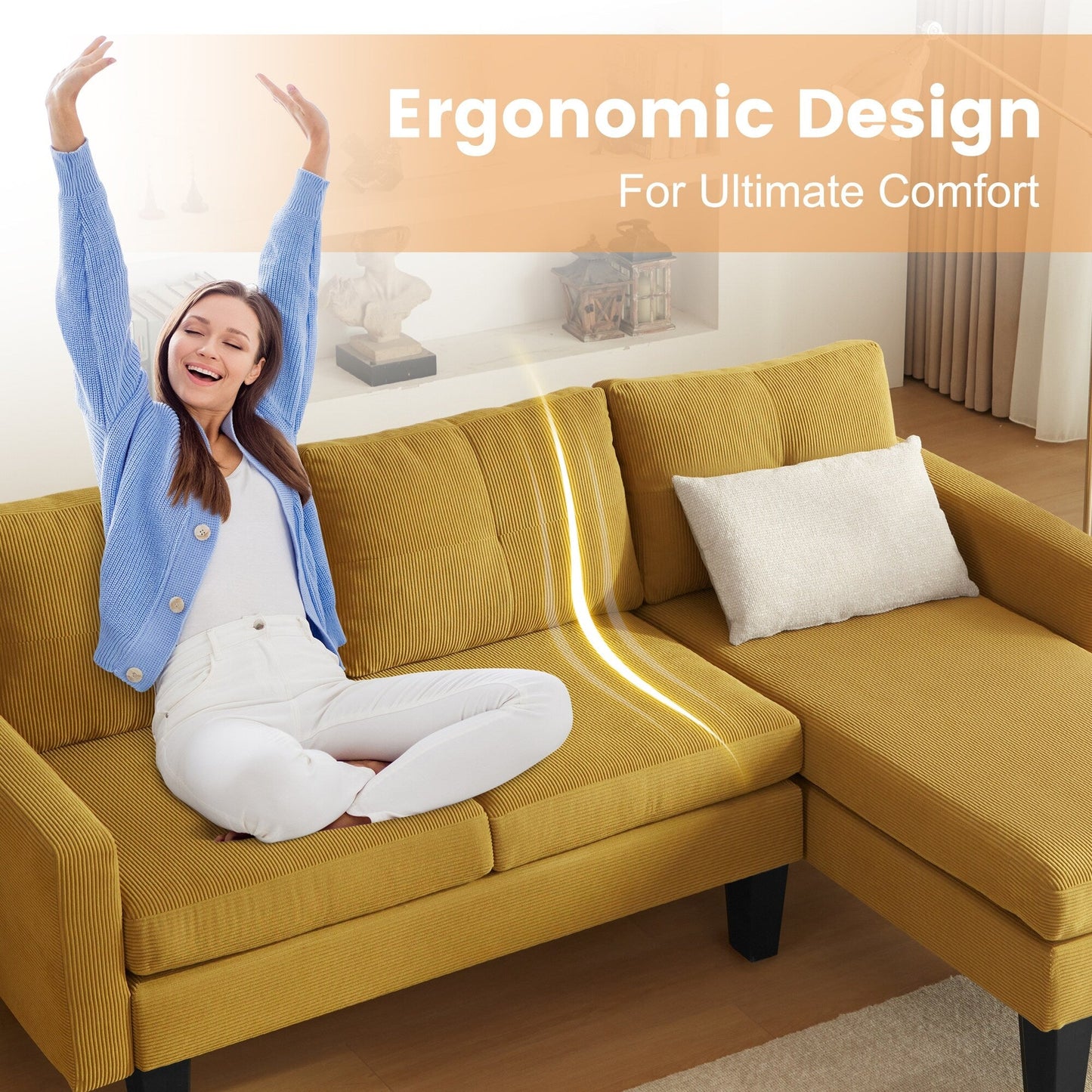 Canapé méridienne moderne en velours côtelé en forme de L HOOOWOOO