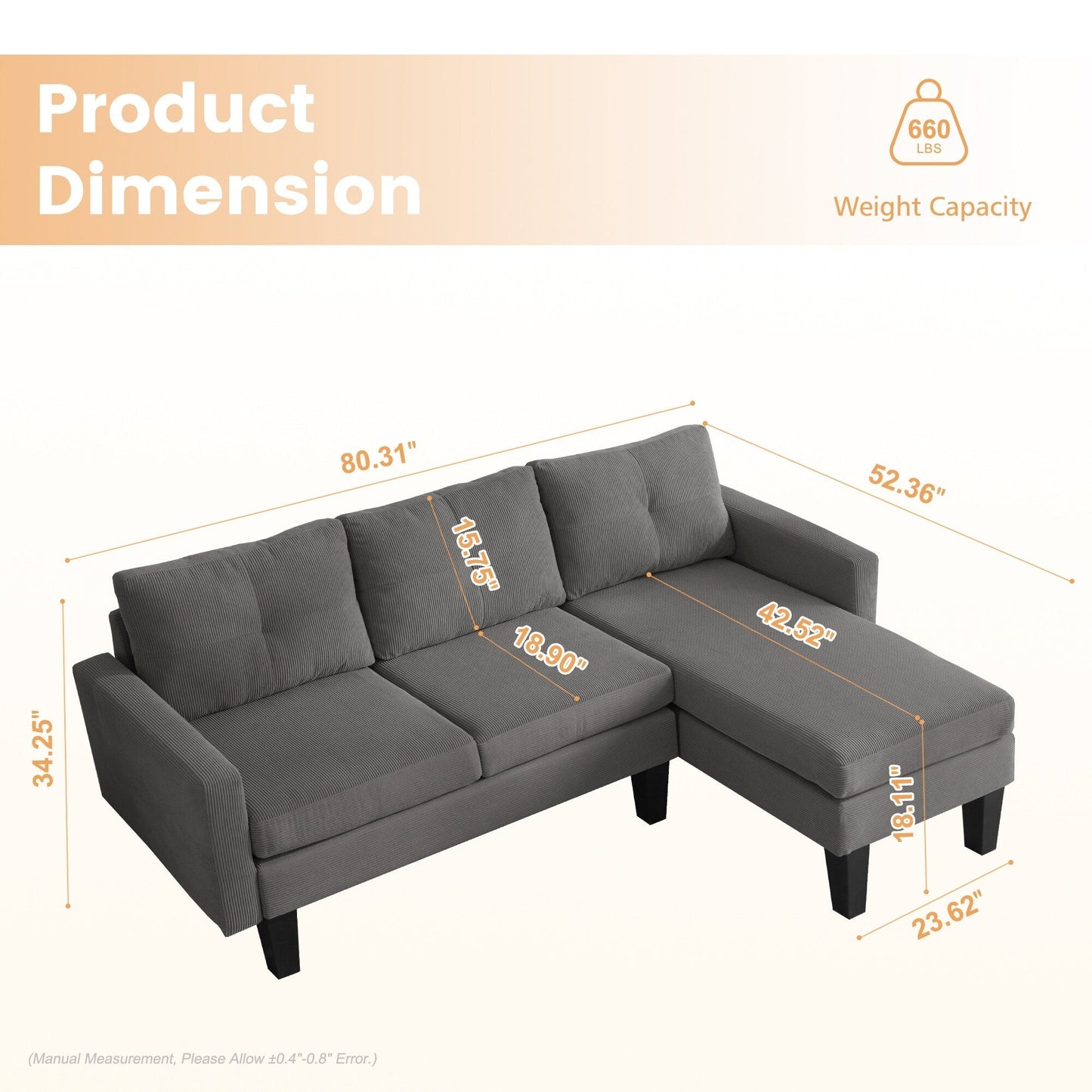 Canapé méridienne moderne en velours côtelé en forme de L HOOOWOOO