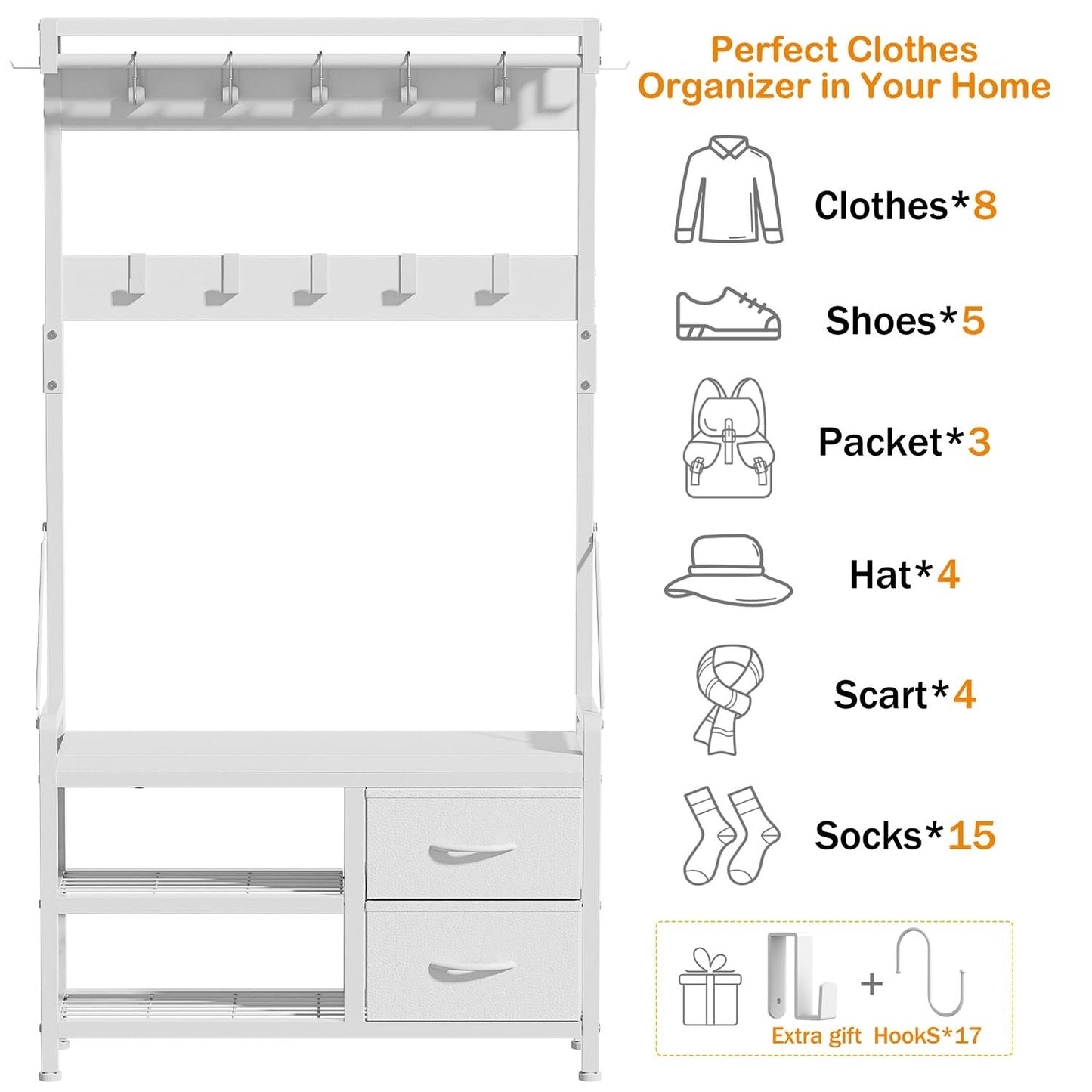 Meuble d'entrée avec banc, divisible en banc à chaussures indépendant et étagère murale