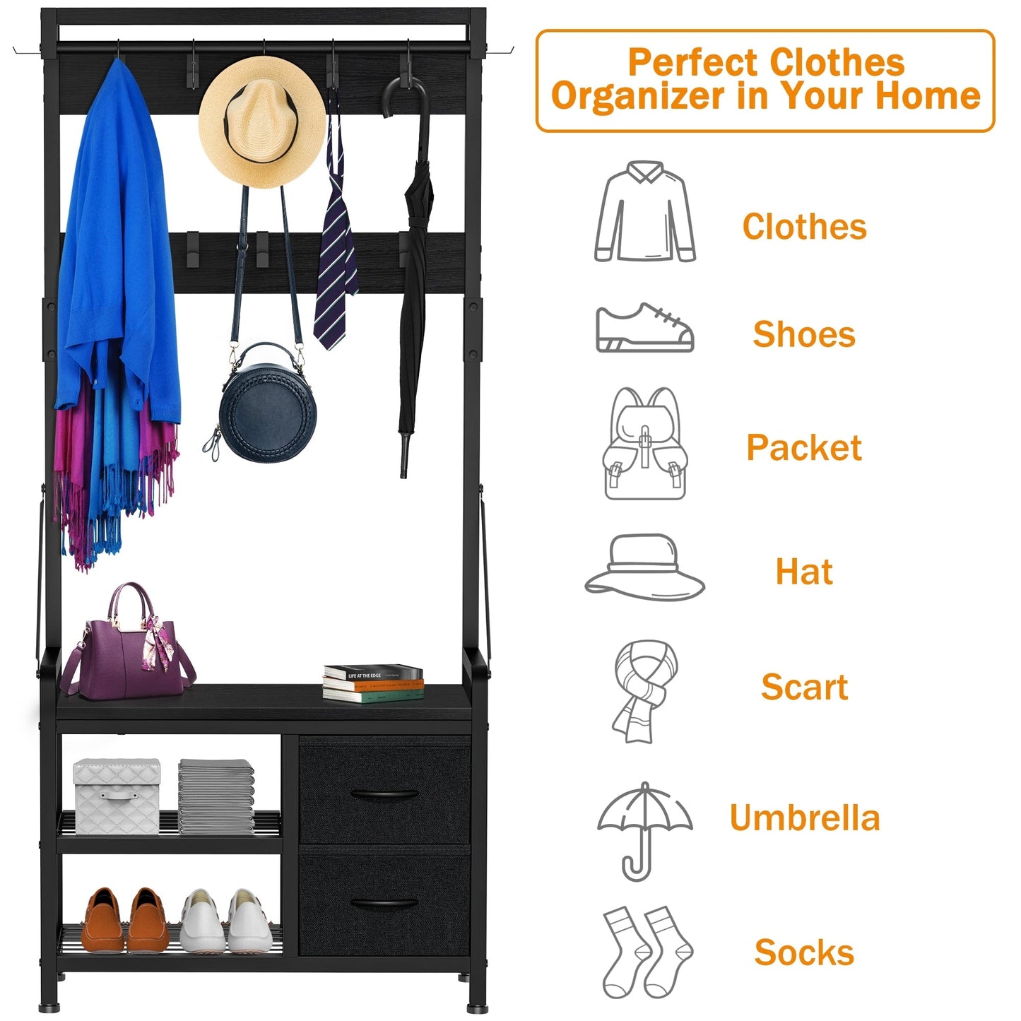 Meuble d'entrée avec banc, divisible en banc à chaussures indépendant et étagère murale