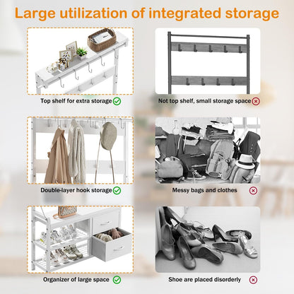 Meuble d'entrée avec banc, divisible en banc à chaussures indépendant et étagère murale