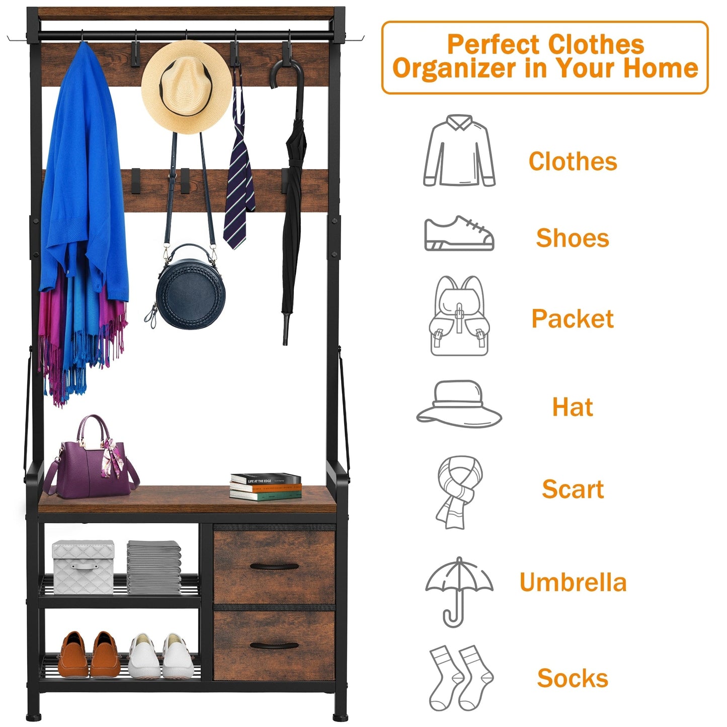 Meuble d'entrée avec banc, divisible en banc à chaussures indépendant et étagère murale