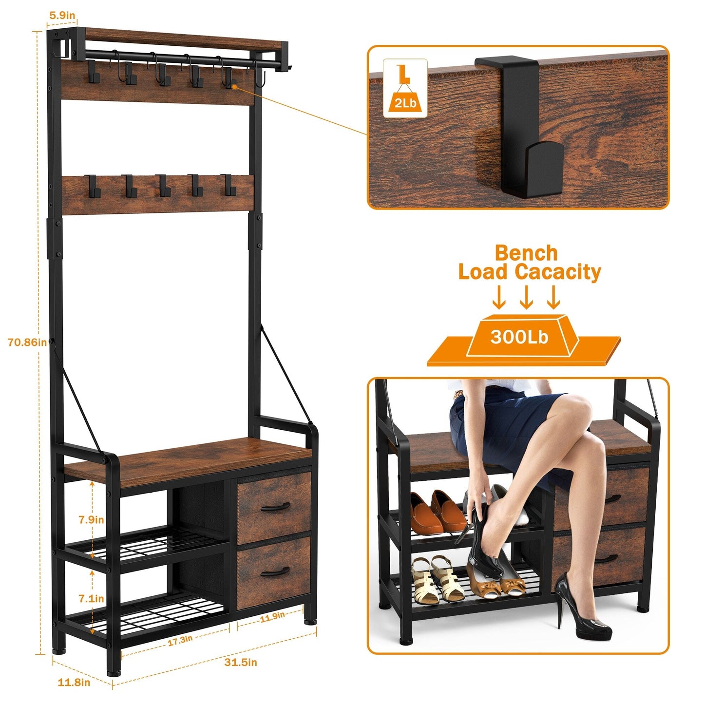 Meuble d'entrée avec banc, divisible en banc à chaussures indépendant et étagère murale