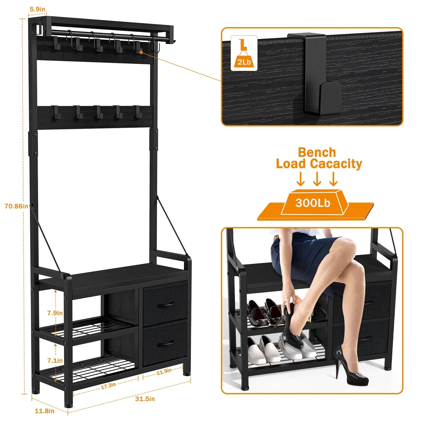 Meuble d'entrée avec banc, divisible en banc à chaussures indépendant et étagère murale