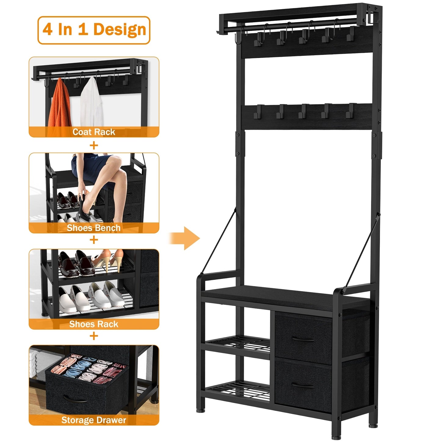 Meuble d'entrée avec banc, divisible en banc à chaussures indépendant et étagère murale