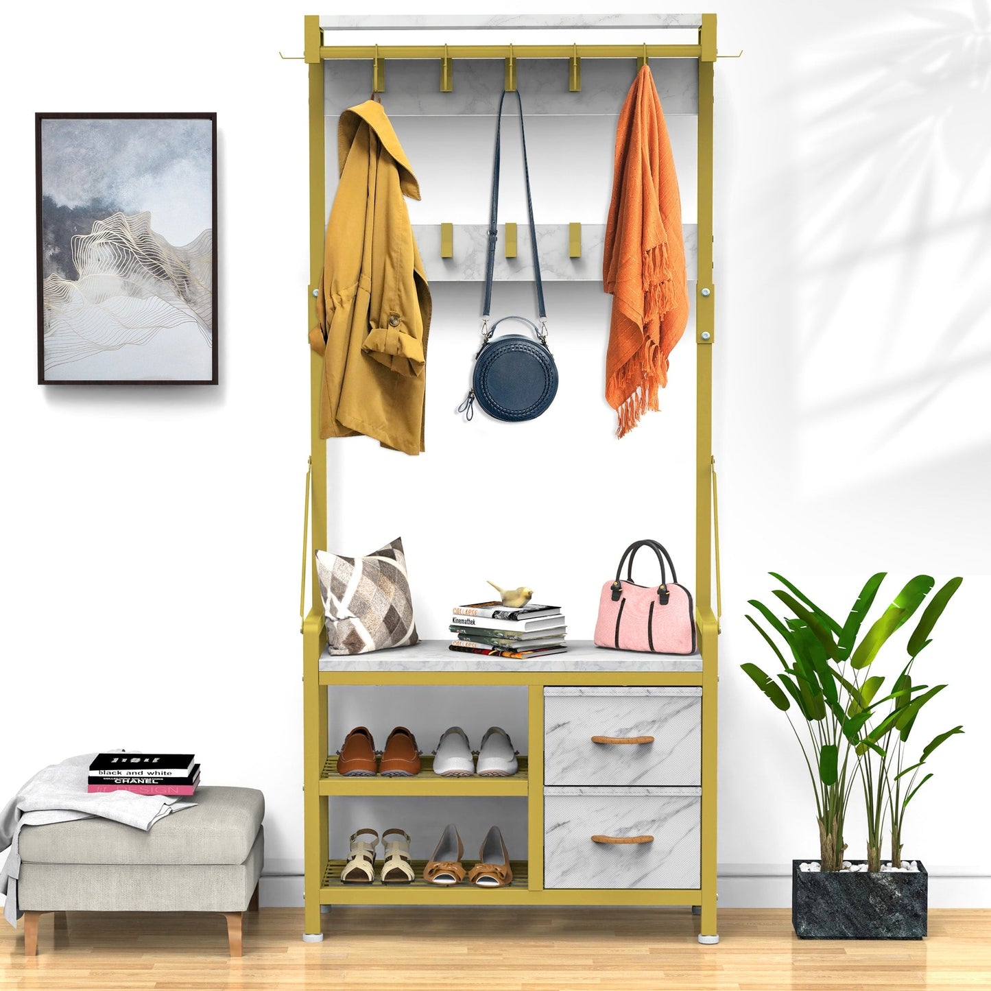 Meuble d'entrée avec banc, divisible en banc à chaussures indépendant et étagère murale