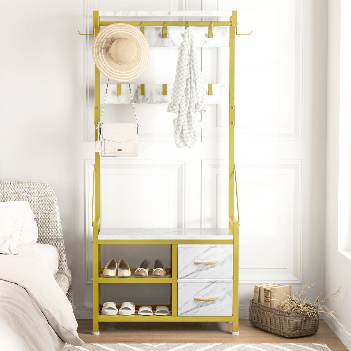 Meuble d'entrée avec banc, divisible en banc à chaussures indépendant et étagère murale