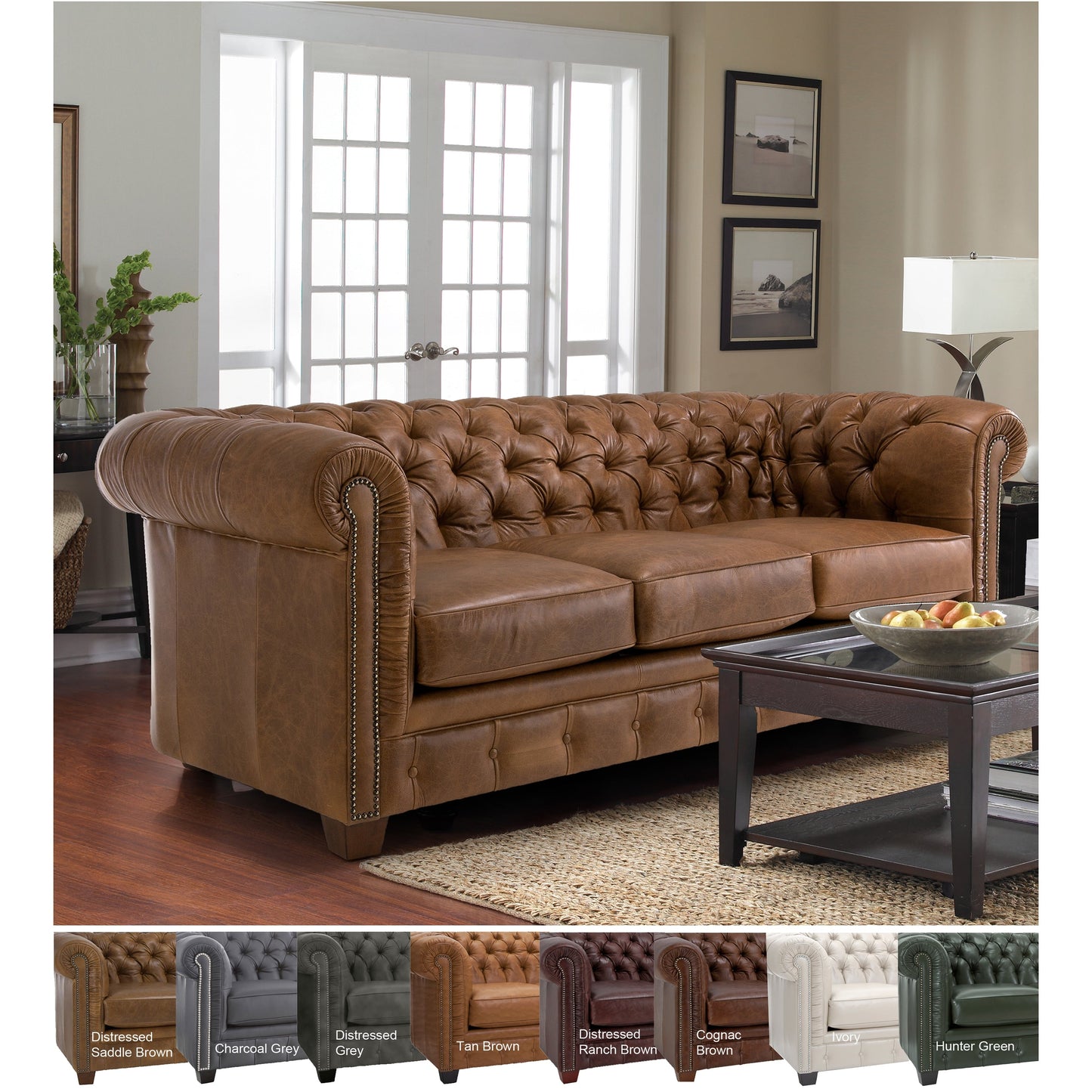 Canapé Chesterfield capitonné Hancock en cuir italien pleine fleur - 31 H x 86 L x 40 P