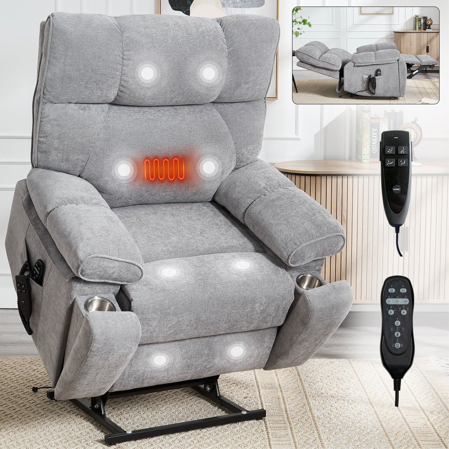 Fauteuil inclinable électrique à double moteur et massage thermique, positions infinies, grand format, avec porte-gobelets dissimulés, télécommande, fermeté moyenne