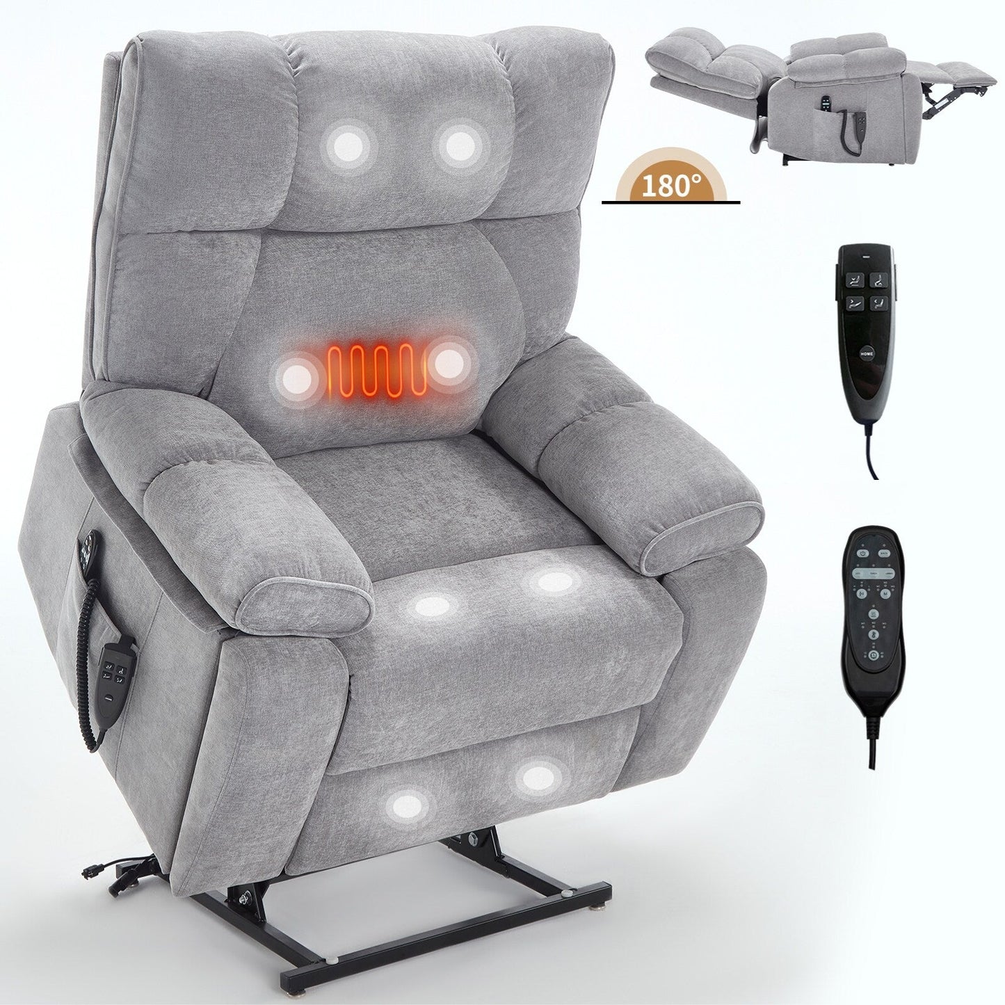 Fauteuil inclinable électrique à double moteur et massage thermique, positions infinies, grand format, avec porte-gobelets dissimulés, télécommande, fermeté moyenne