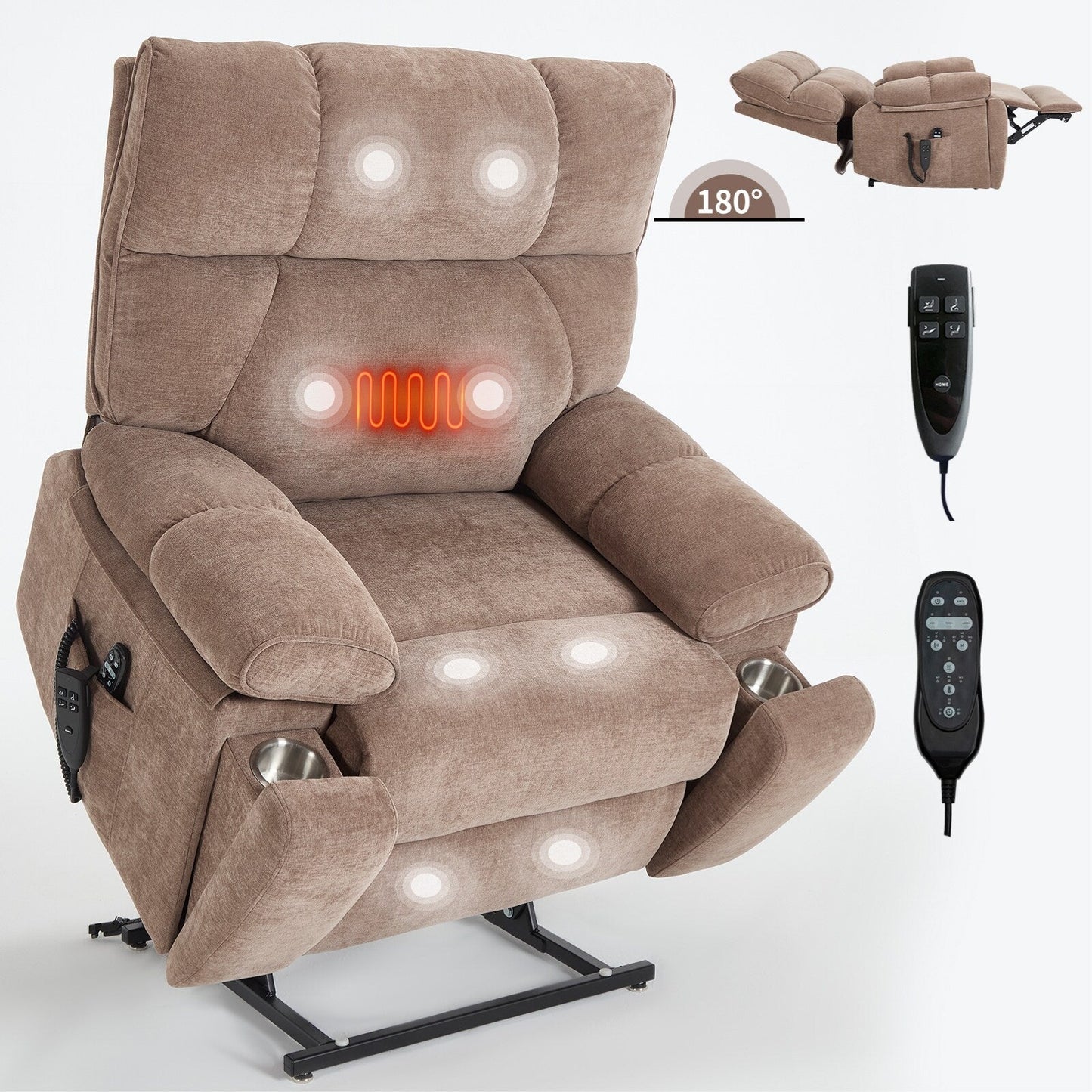 Fauteuil inclinable électrique à double moteur et massage thermique, positions infinies, grand format, avec porte-gobelets dissimulés, télécommande, fermeté moyenne
