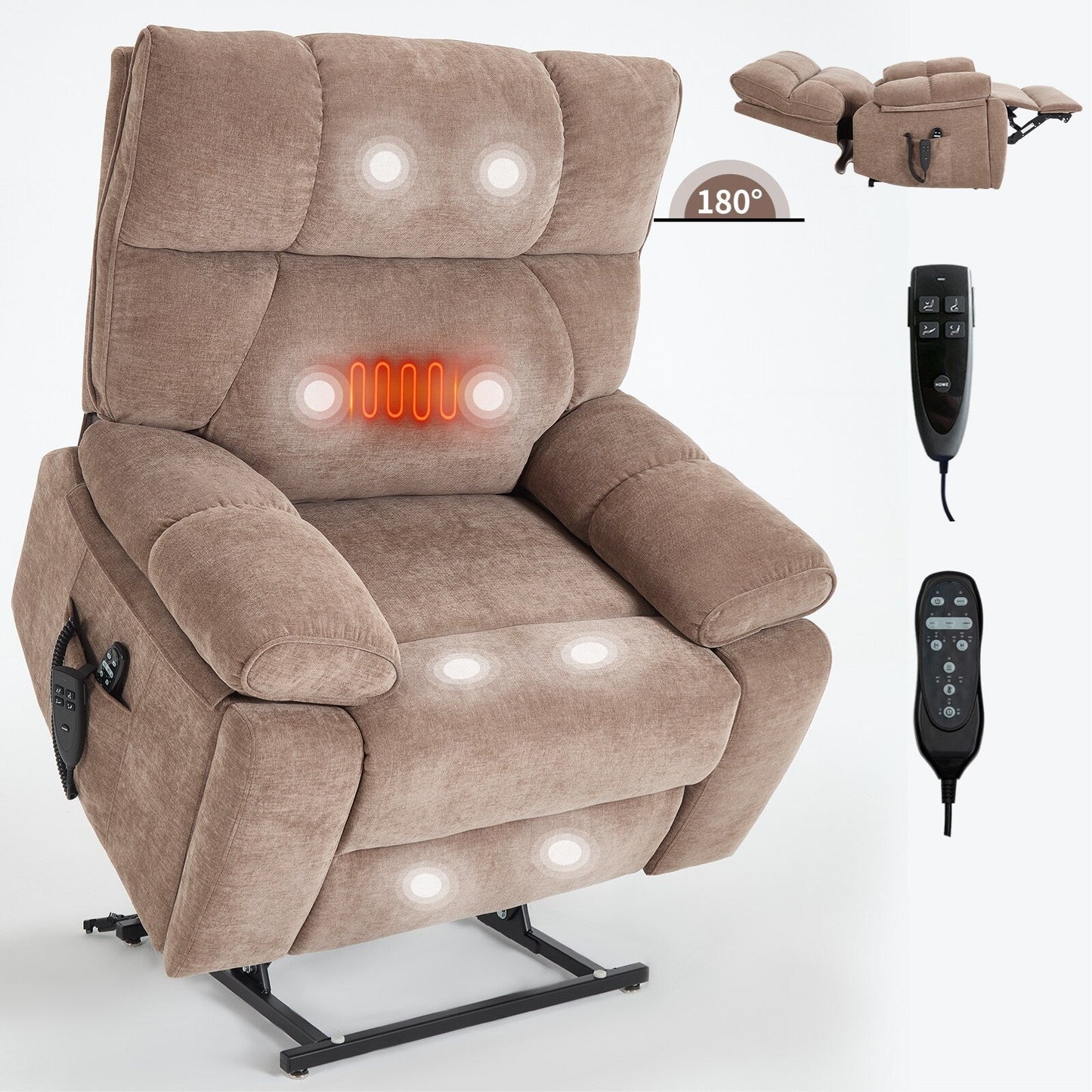 Fauteuil inclinable électrique à double moteur et massage thermique, positions infinies, grand format, avec porte-gobelets dissimulés, télécommande, fermeté moyenne