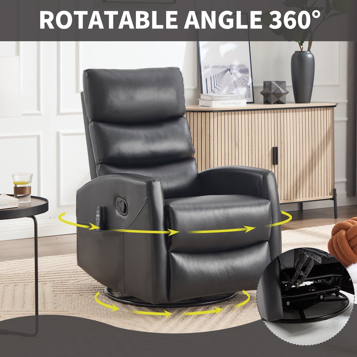 Fauteuil inclinable manuel à massage thermique avec bascule et pivot en tissu pour salon, noir