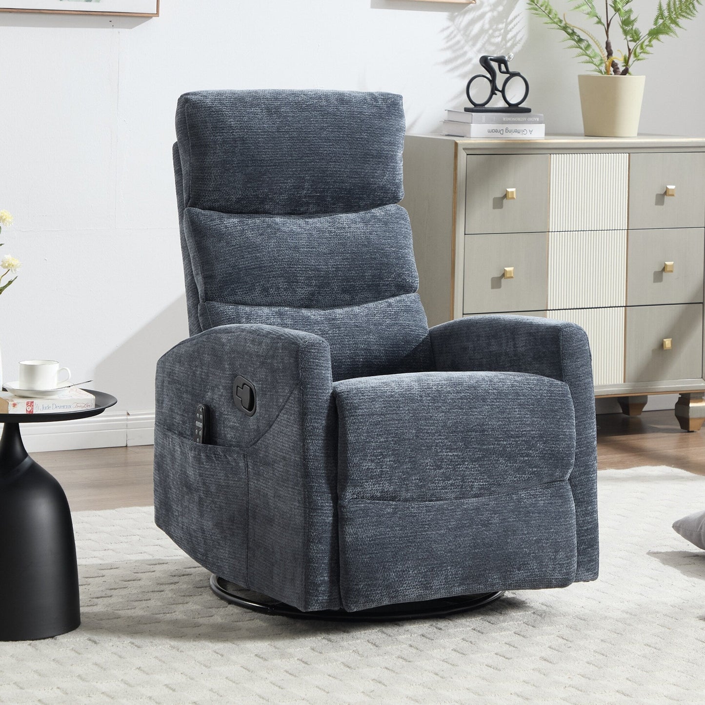 Fauteuil inclinable manuel à massage thermique avec bascule et pivot en tissu pour salon, bleu