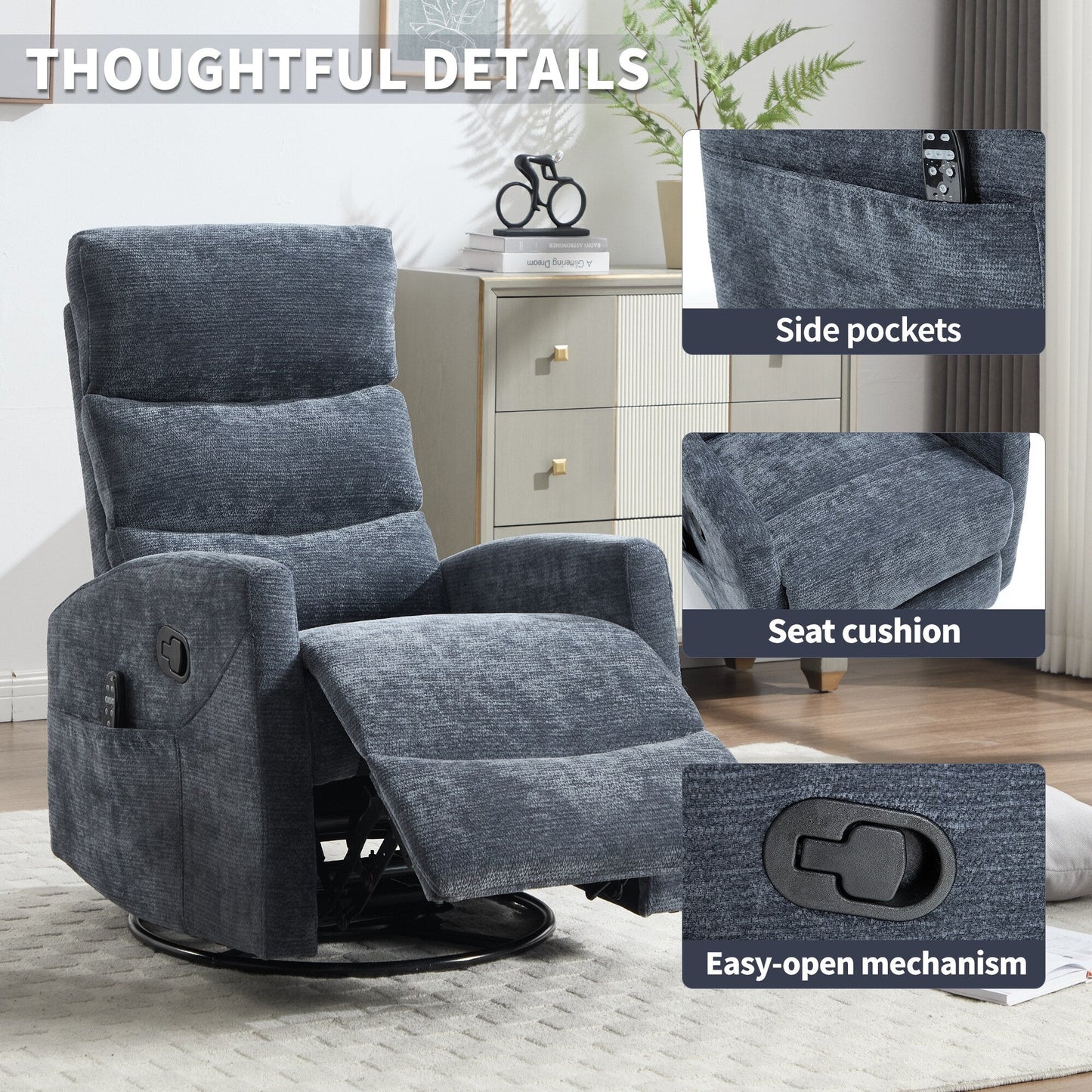 Fauteuil inclinable manuel à massage thermique avec bascule et pivot en tissu pour salon, bleu