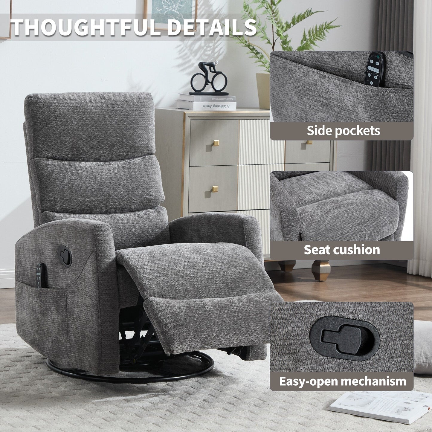 Fauteuil inclinable manuel à massage thermique avec bascule et pivot en tissu pour salon, GRIS