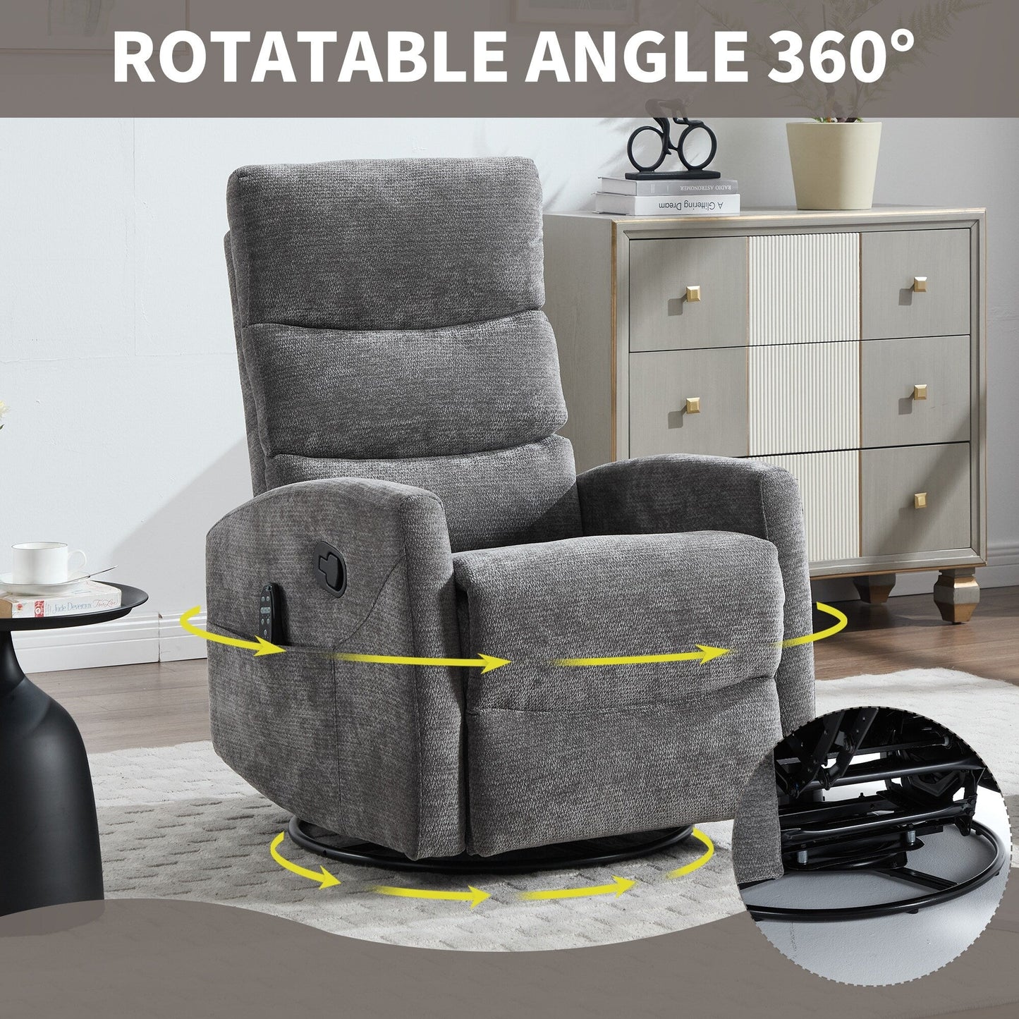 Fauteuil inclinable manuel à massage thermique avec bascule et pivot en tissu pour salon, GRIS