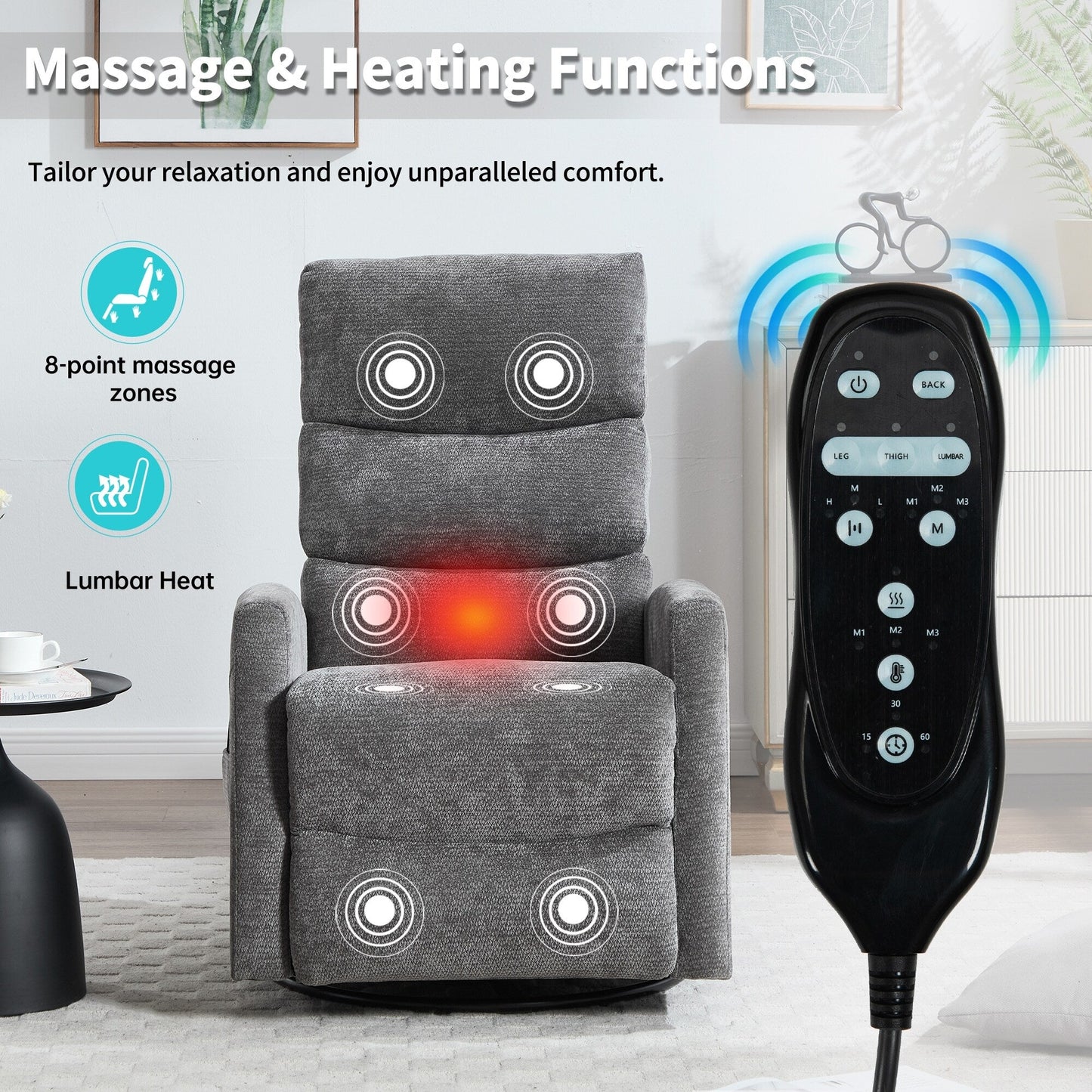 Fauteuil inclinable manuel à massage thermique avec bascule et pivot en tissu pour salon, GRIS