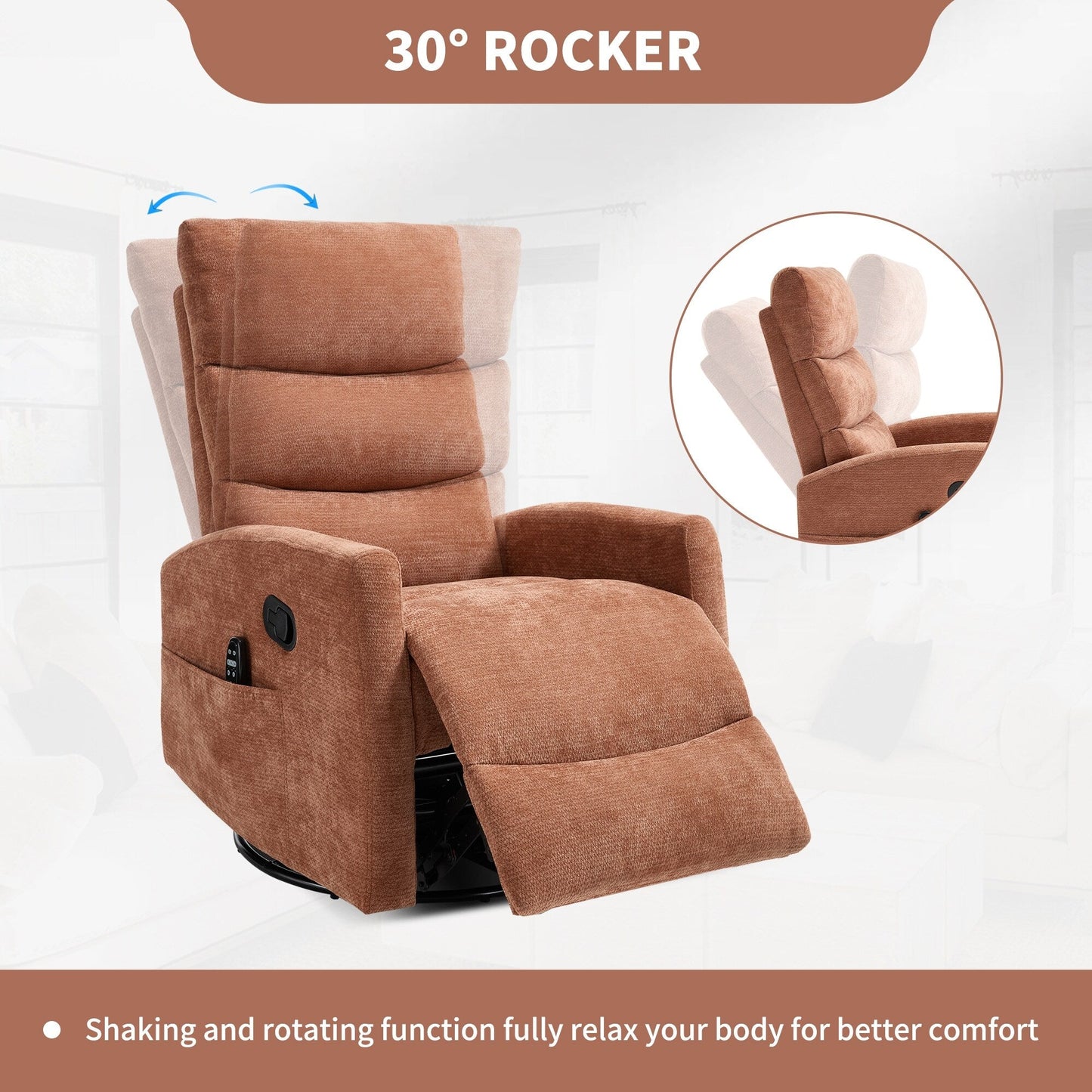 Fauteuil inclinable manuel à massage thermique avec bascule et pivot en tissu pour salon, orange