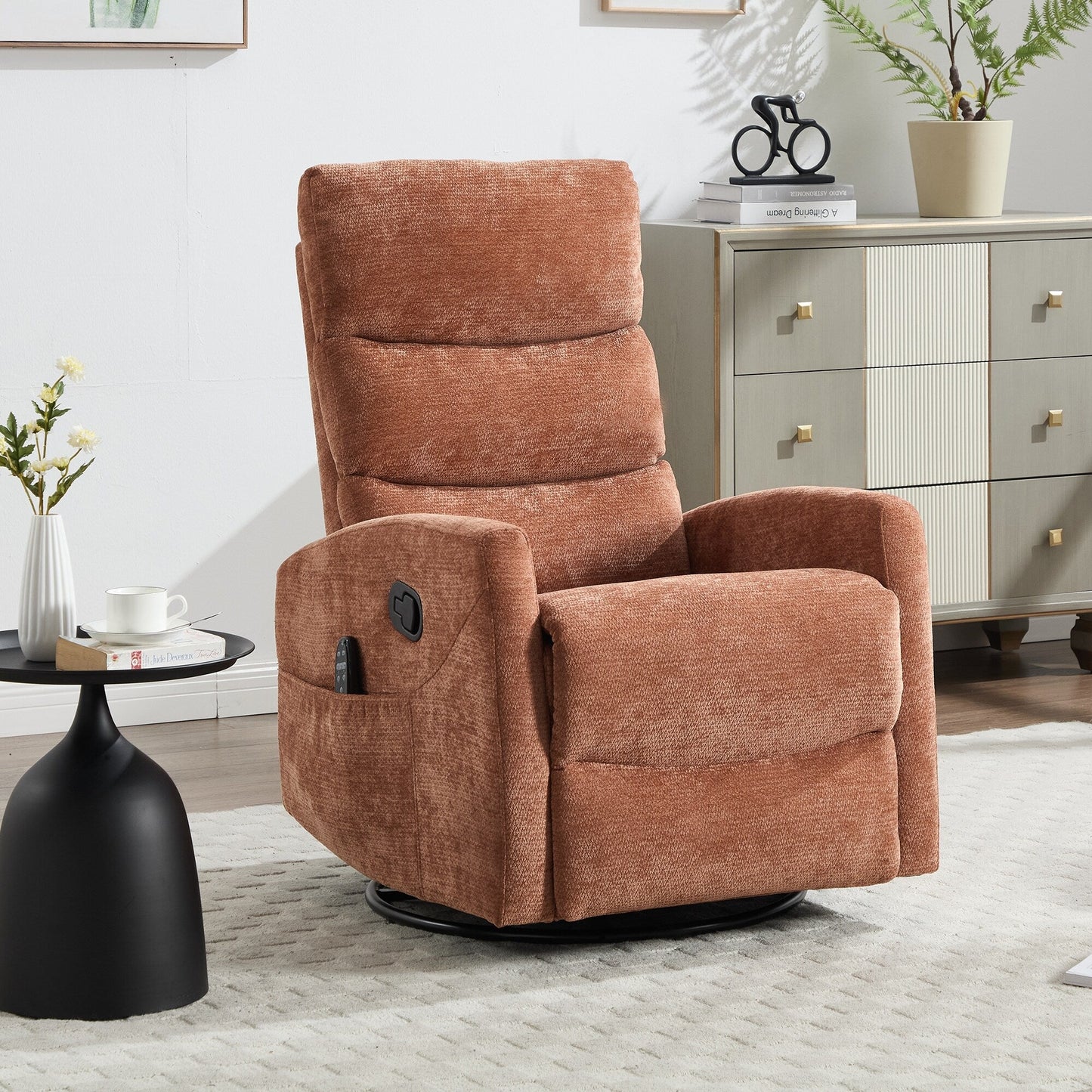 Fauteuil inclinable manuel à massage thermique avec bascule et pivot en tissu pour salon, orange