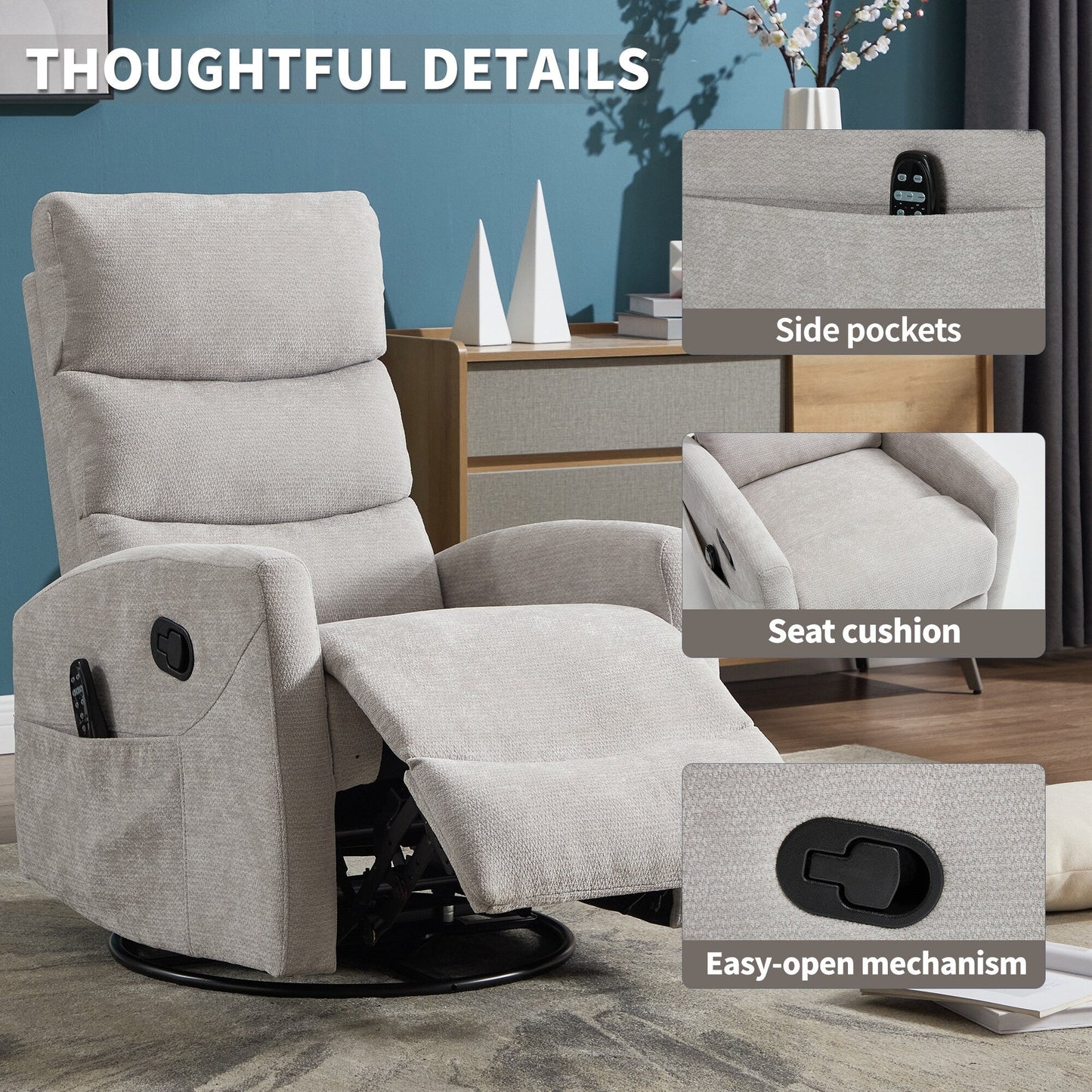 Fauteuil inclinable manuel à massage thermique avec bascule et pivot en tissu pour salon, gris