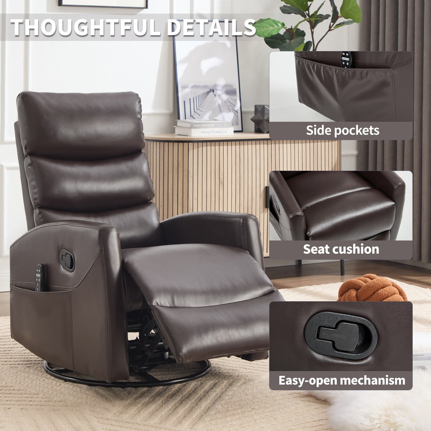 Fauteuil inclinable manuel à massage thermique avec bascule et pivot en tissu pour salon
