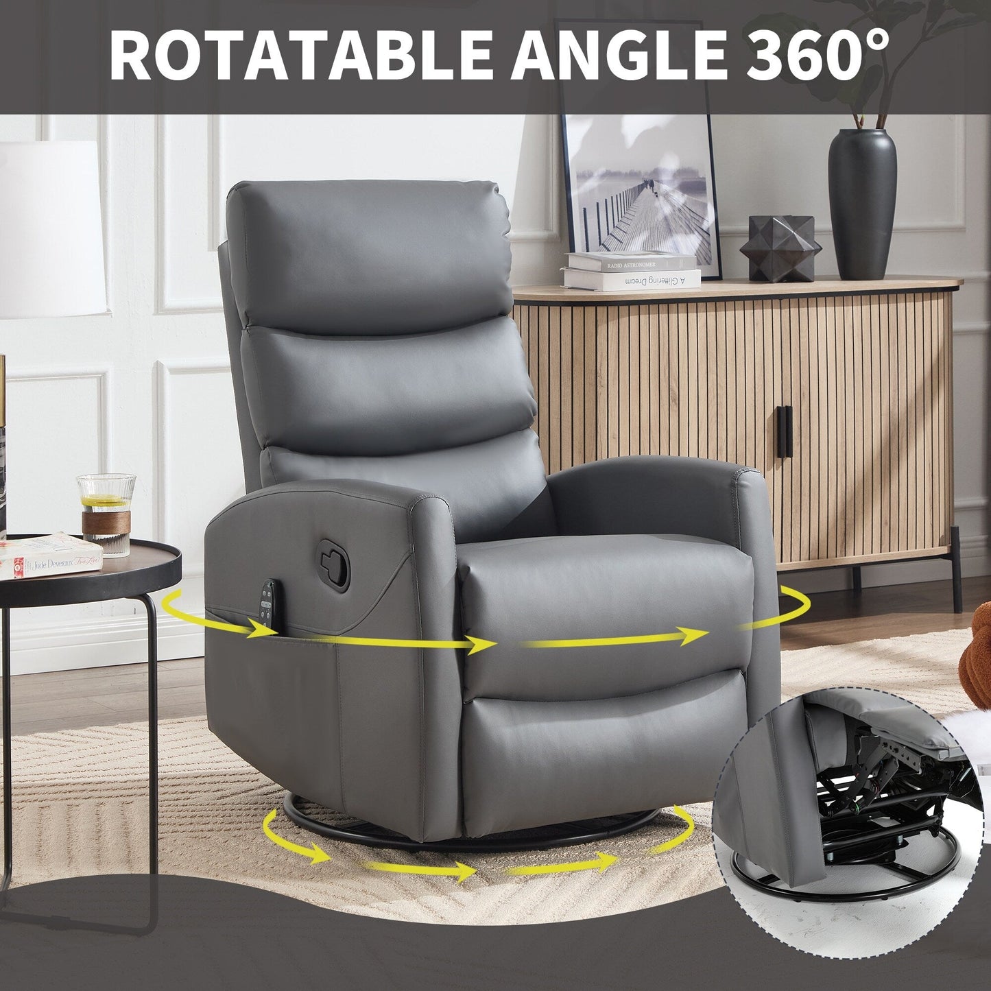 Fauteuil inclinable manuel à massage thermique avec bascule et pivot en tissu pour salon