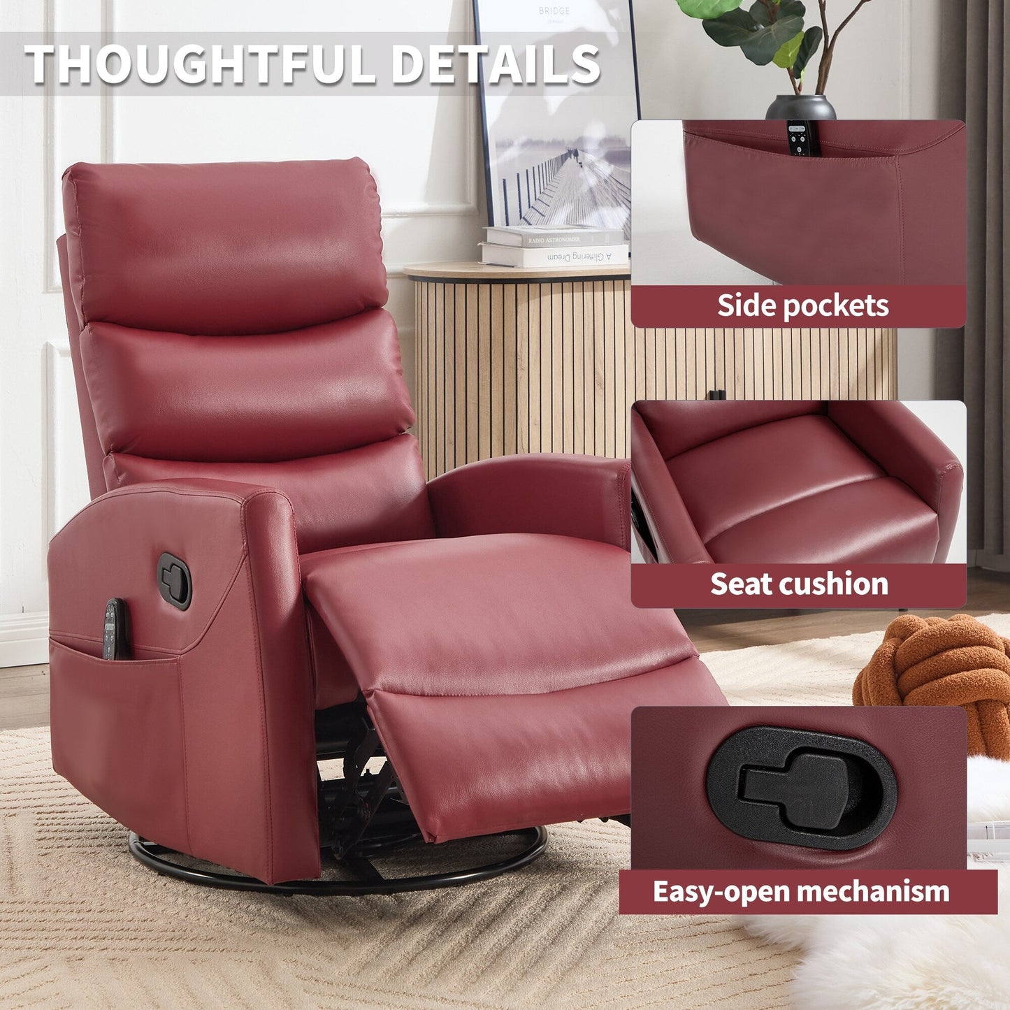 Fauteuil inclinable manuel à massage thermique avec bascule et pivot en tissu pour salon