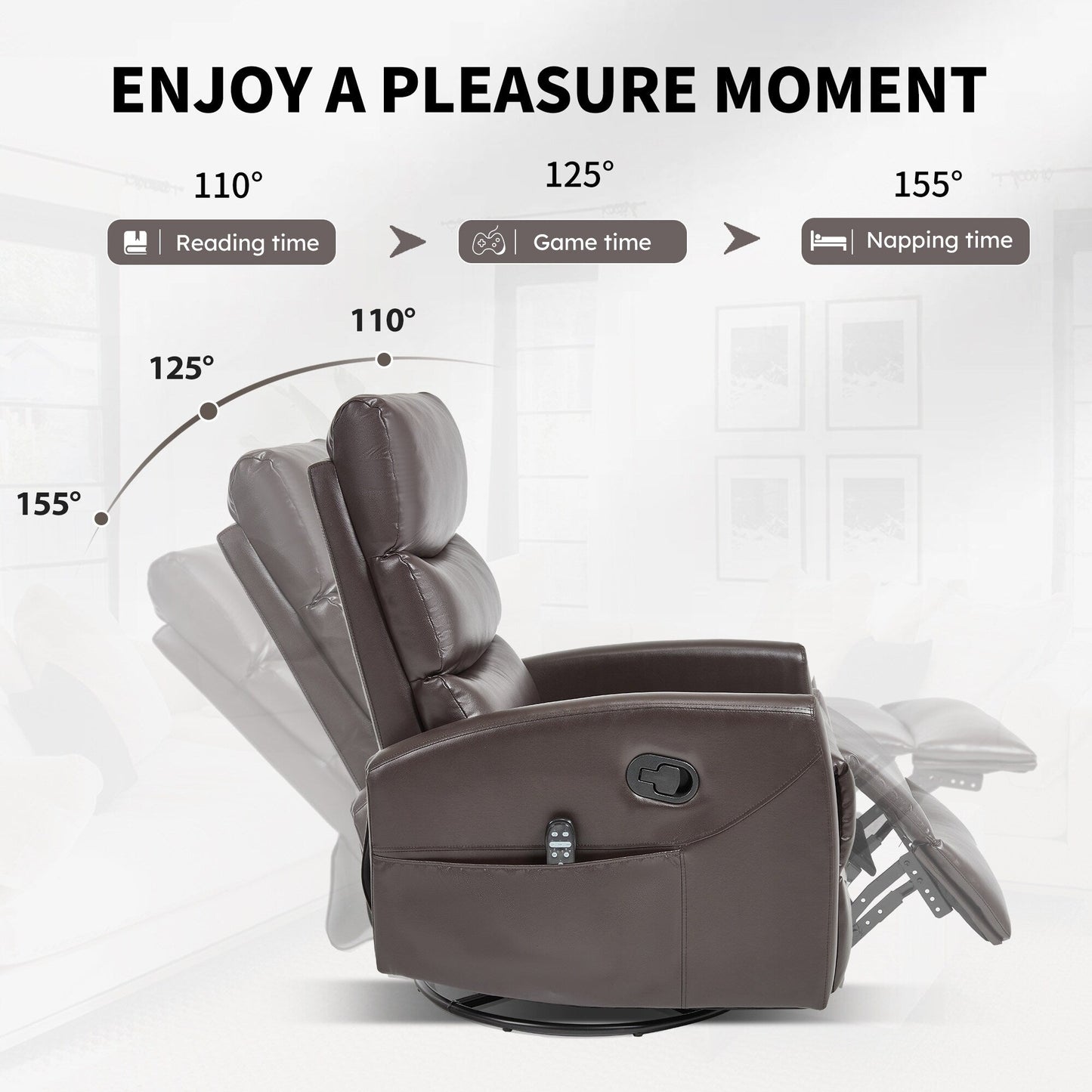 Fauteuil inclinable manuel à massage thermique avec bascule et pivot en tissu pour salon