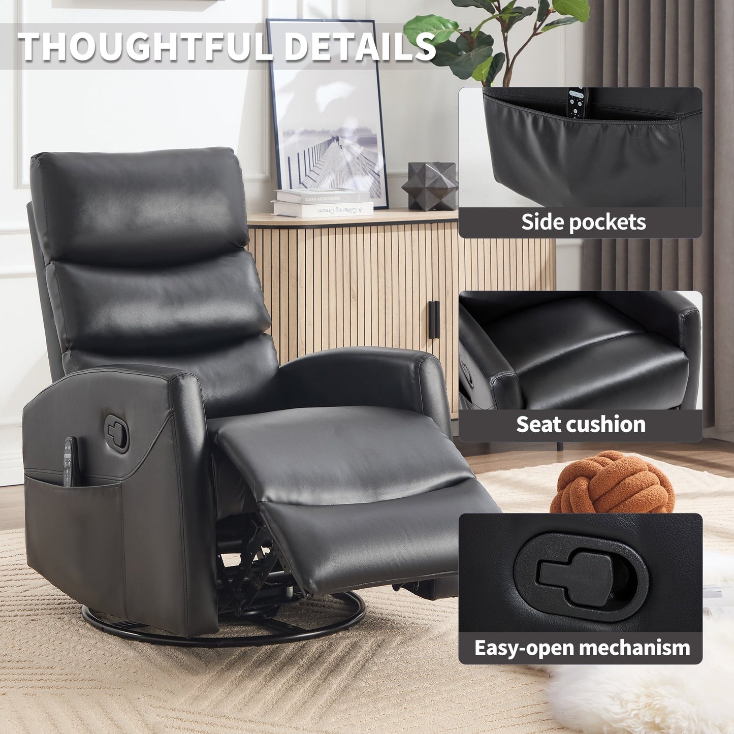 Fauteuil inclinable manuel à massage thermique avec bascule et pivot en tissu pour salon