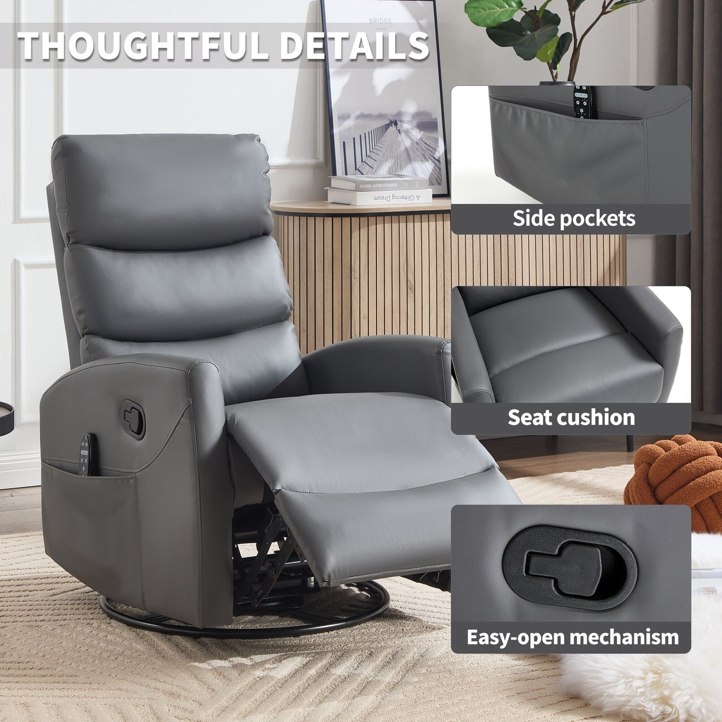 Fauteuil inclinable manuel à massage thermique avec bascule et pivot en tissu pour salon