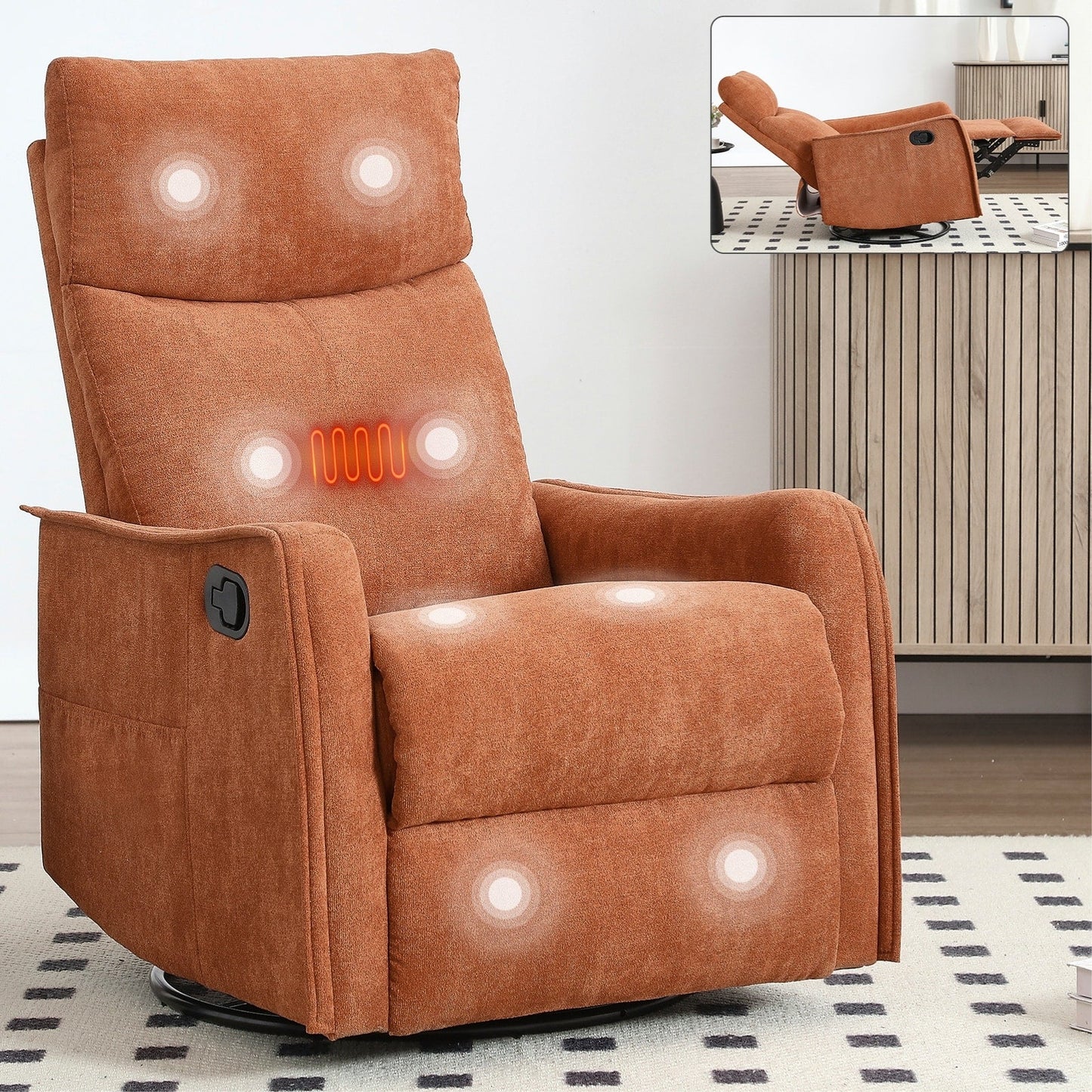 Fauteuil inclinable manuel à massage thermique, pivotant à 360°, tissu à bascule