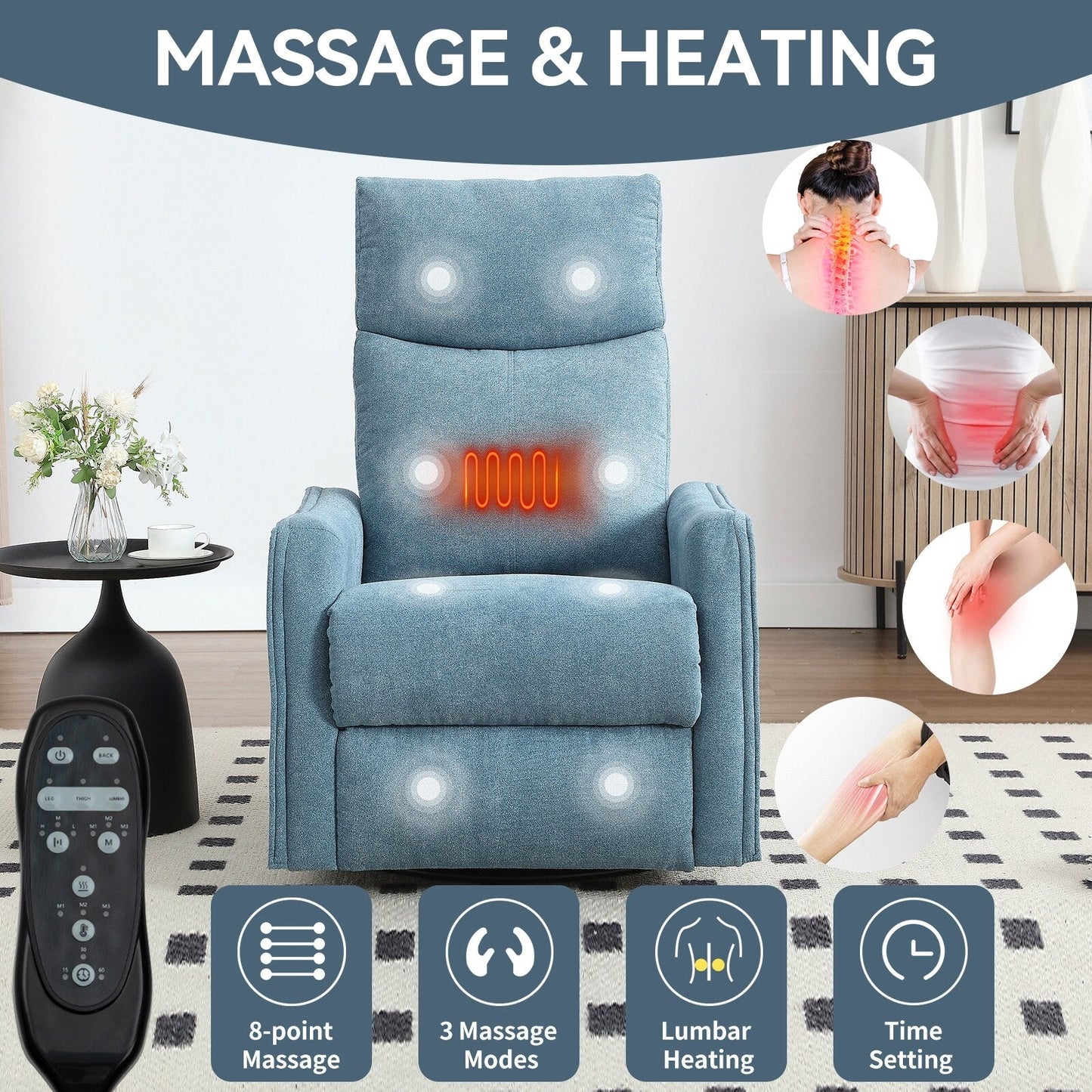 Fauteuil inclinable manuel à massage thermique, pivotant à 360°, tissu à bascule
