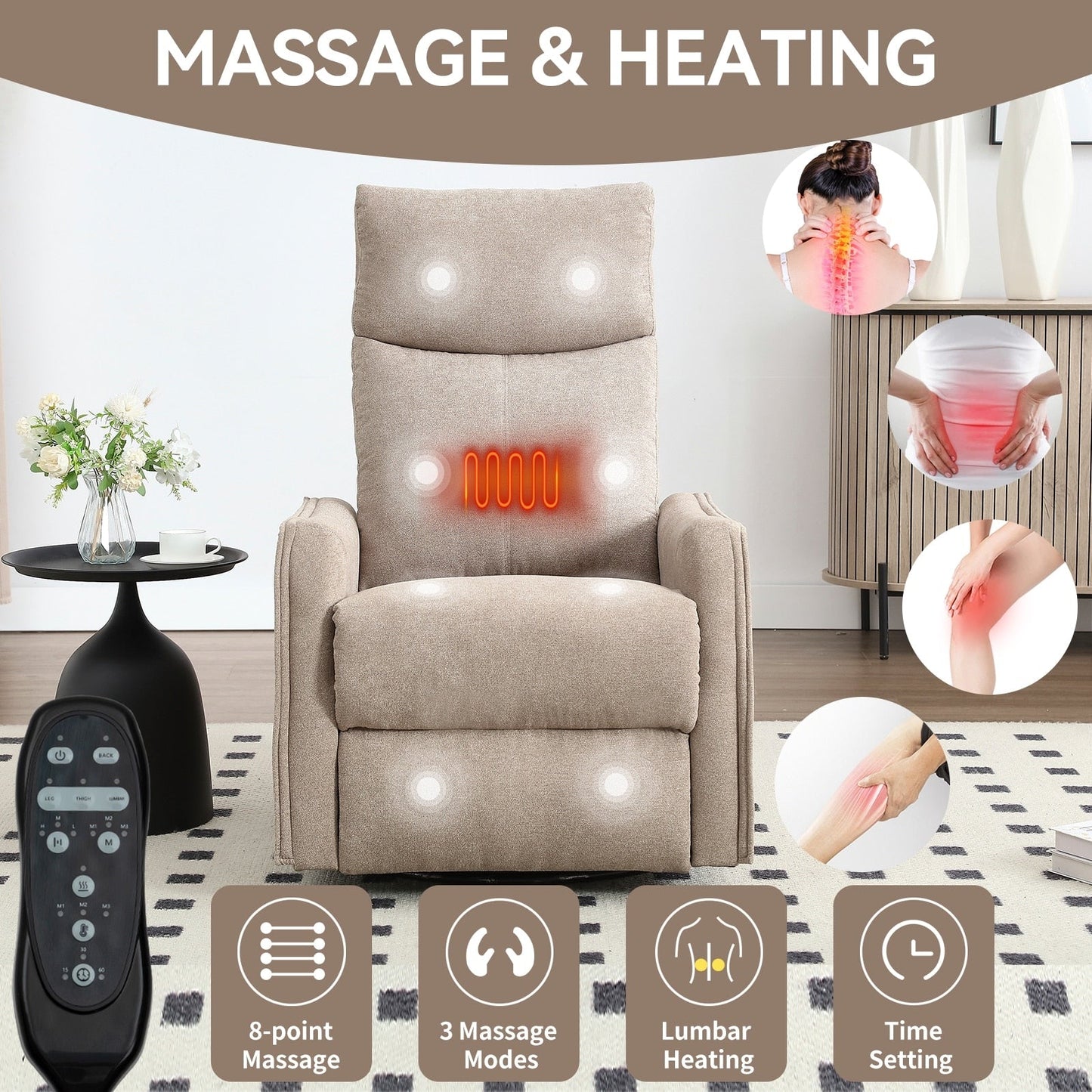 Fauteuil inclinable manuel à massage thermique, pivotant à 360°, tissu à bascule
