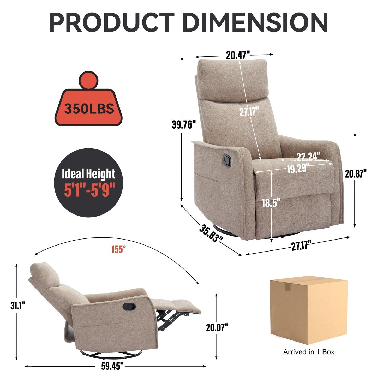 Fauteuil inclinable manuel à massage thermique, pivotant à 360°, tissu à bascule