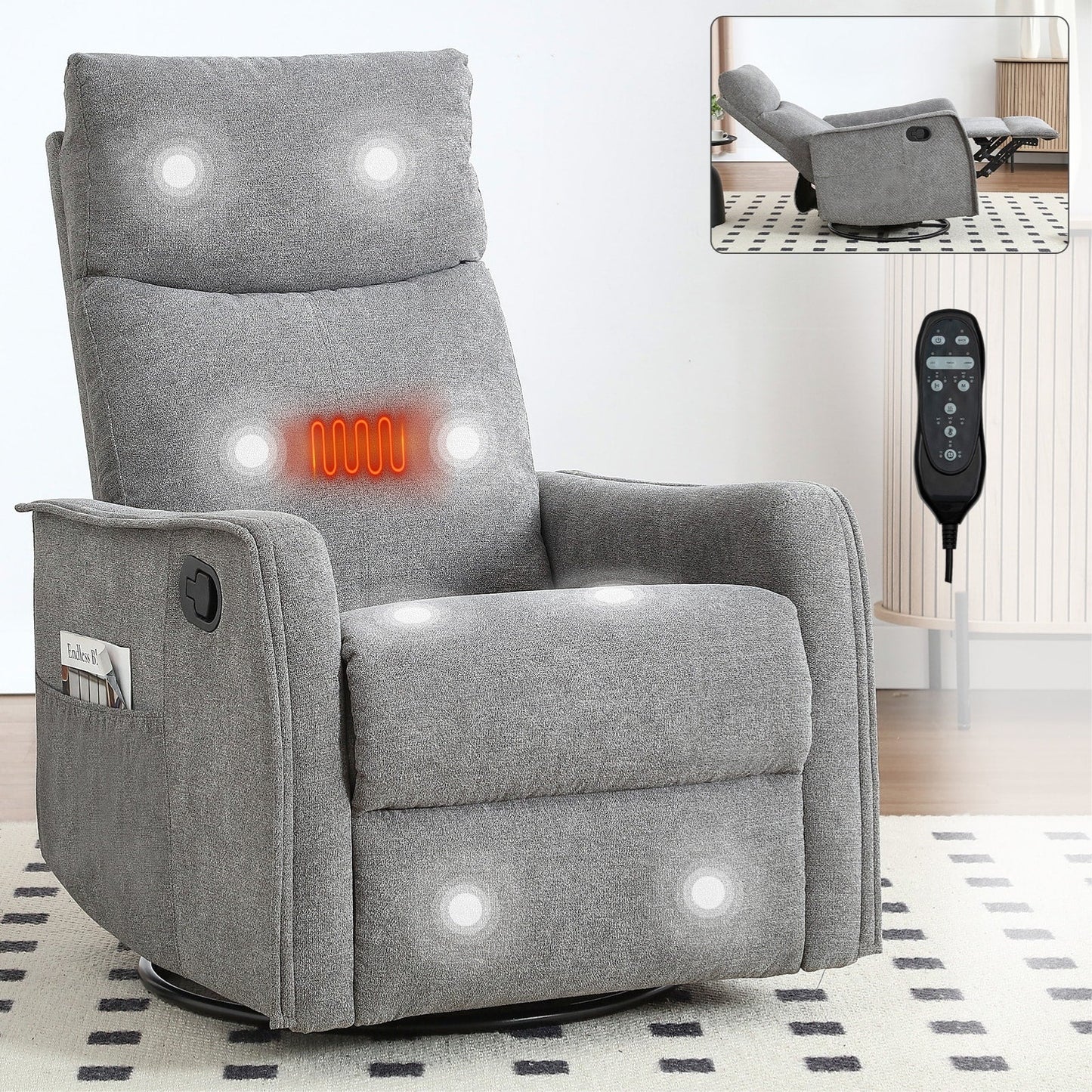 Fauteuil inclinable manuel à massage thermique, pivotant à 360°, tissu à bascule