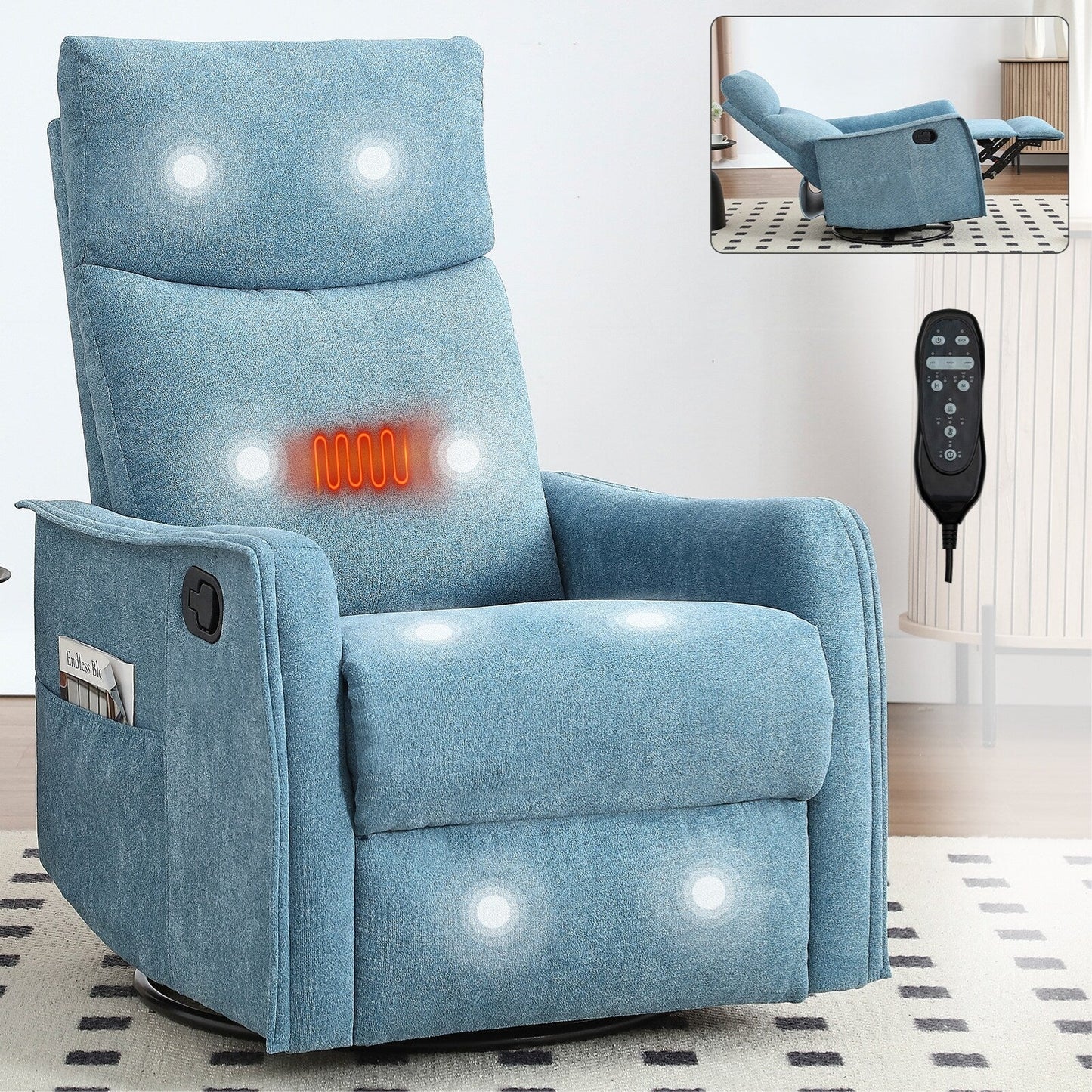 Fauteuil inclinable manuel à massage thermique, pivotant à 360°, tissu à bascule