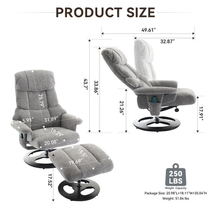 Fauteuil de massage chauffant, pivotant et inclinable, en tissu chenille, avec repose-pieds, dossier réglable et télécommande