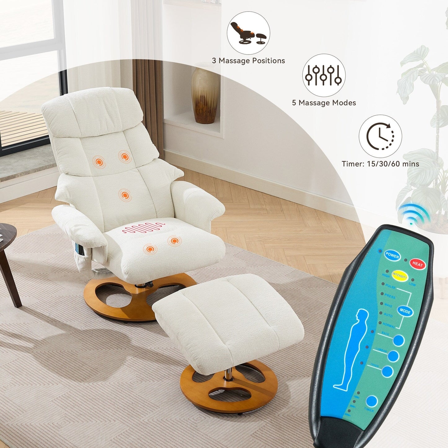 Fauteuil de massage chauffant, pivotant et inclinable, en tissu chenille, avec repose-pieds, dossier réglable et télécommande