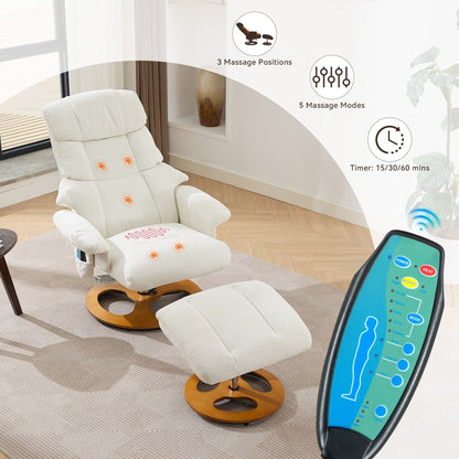 Fauteuil de massage chauffant, pivotant et inclinable, en tissu chenille, avec repose-pieds, dossier réglable et télécommande