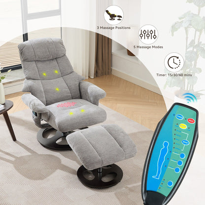 Fauteuil de massage chauffant, pivotant et inclinable, en tissu chenille, avec repose-pieds, dossier réglable et télécommande